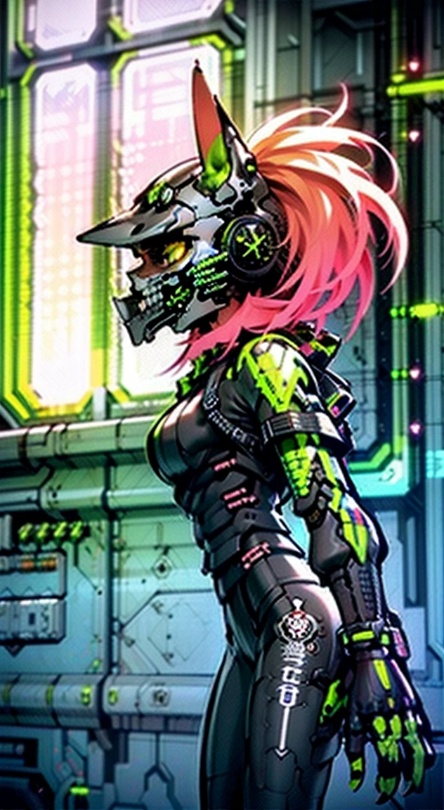 8K,Ultra Detail,ultra-quality,ultra precision,ultimate masterpiece,wolf Girl,big boobs,big Thigh,bomber jacket,long leather pants,long twin tail(blond)(innercolor of pink),cool Graffiti on the wall,Cyber punk mask,Theme of Cyber Punk,smile,view side,