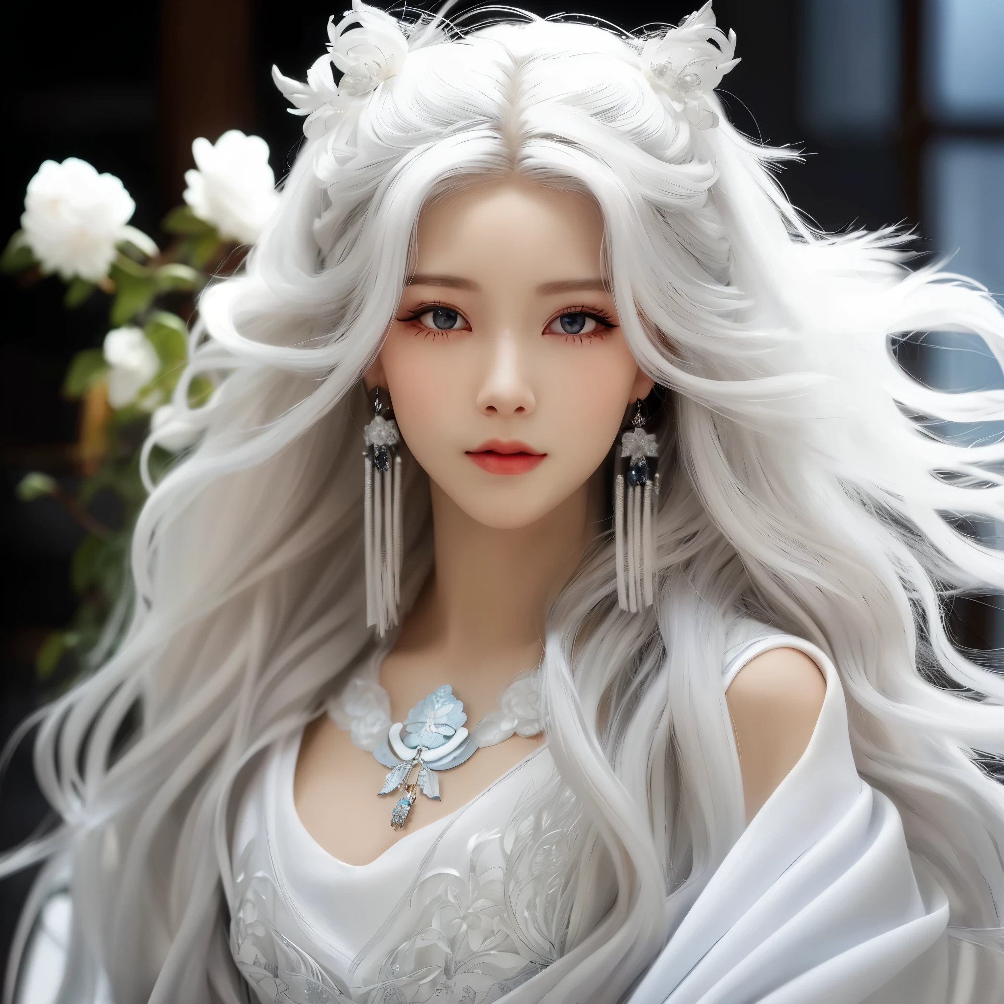 a close up of a woman with 长长的White hair and a white dress, detailed long white hair, with 长长的White hair, White hair deity, Flowing white hair, with long white hair, long Flowing white hair, white beautiful hair, long white hair, white long curly hair, White hair, 长长的White hair, white hair like clouds, White hair的女孩