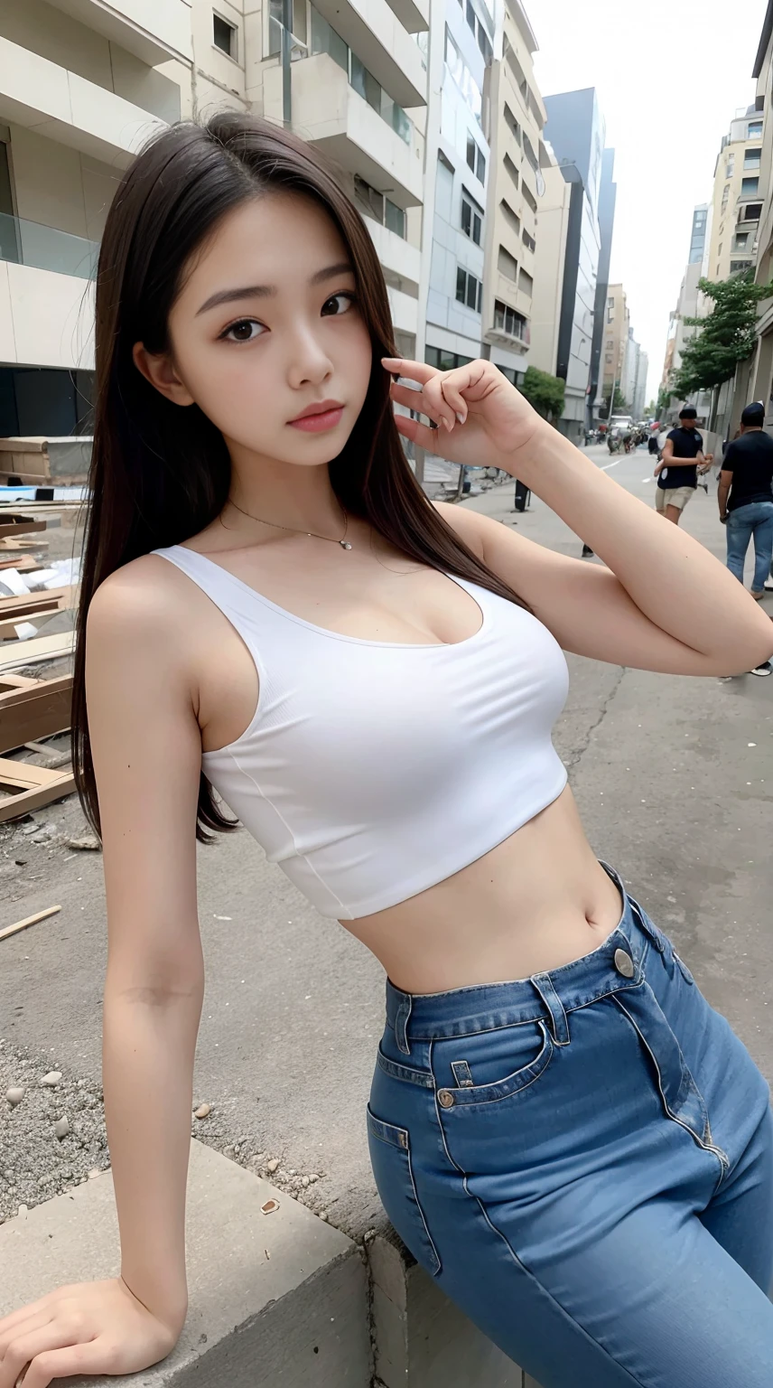 Girl in white bra and tight denim skirt posing for photo, full body, with cropped T-shirt, bra, slim body, smaller bust, slim girl model, 24-year-old female model, lying on the construction site, a group of black men onlooking