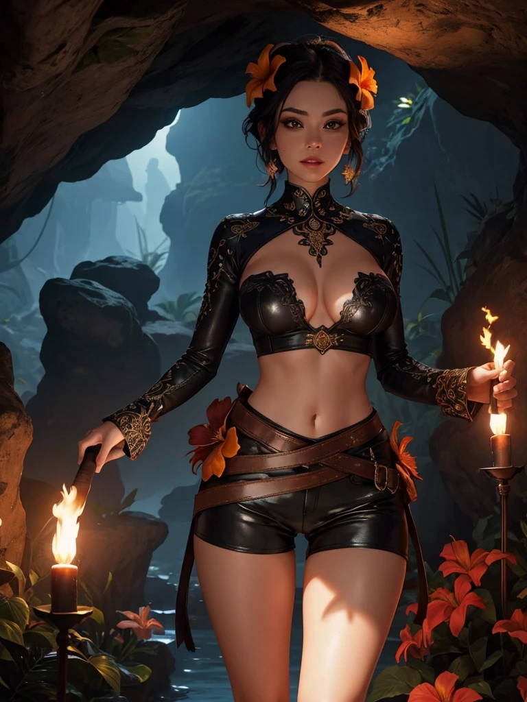 Beautiful woman, underground cavern, tight black leather crop top, large breast, very tight leather shorts, perfect hourglass figure, tropical flowers, flaming torches, dark underground passages, masterpiece, intricate detail, photorealistic, 16K
