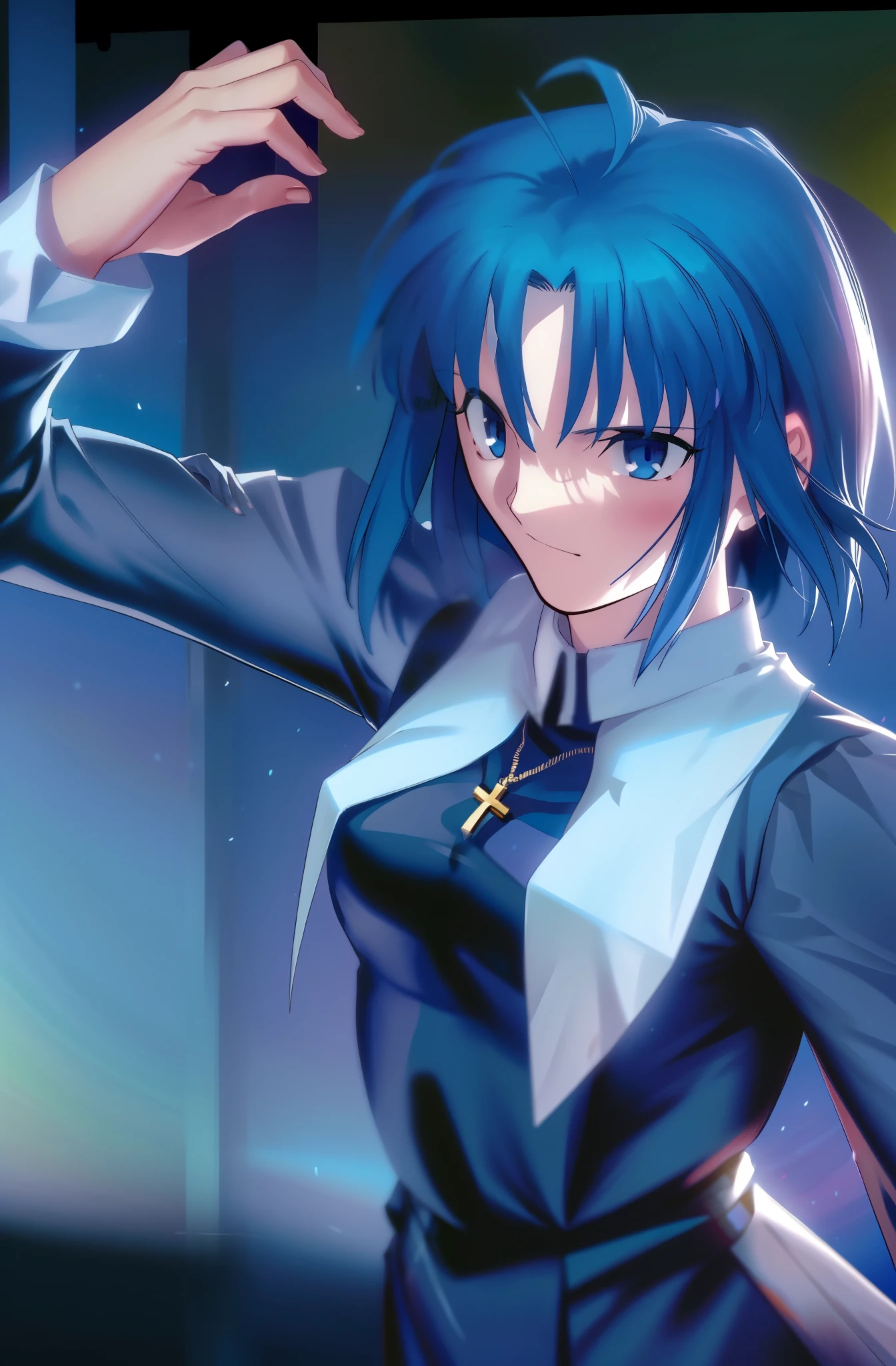 (best quality, 4k, 8k, highres,m asterpiece:1.2), (ultra-detailed:1.6), (realistic,photorealistic,photo-realistic:1.37), slender figure, (soft, delicate features:1.1), (vivid colors), (artistic composition:1.1), ciel_(tsukihime), cowboy shot, 1girl, solo, long sleeves black dress, habit open, sad, looking at viewer, antenna hair, (ahoge:1), closed mouth, fingernails, breasts, medium breasts, cross, latin cross, cross, holding, necklace, nun,