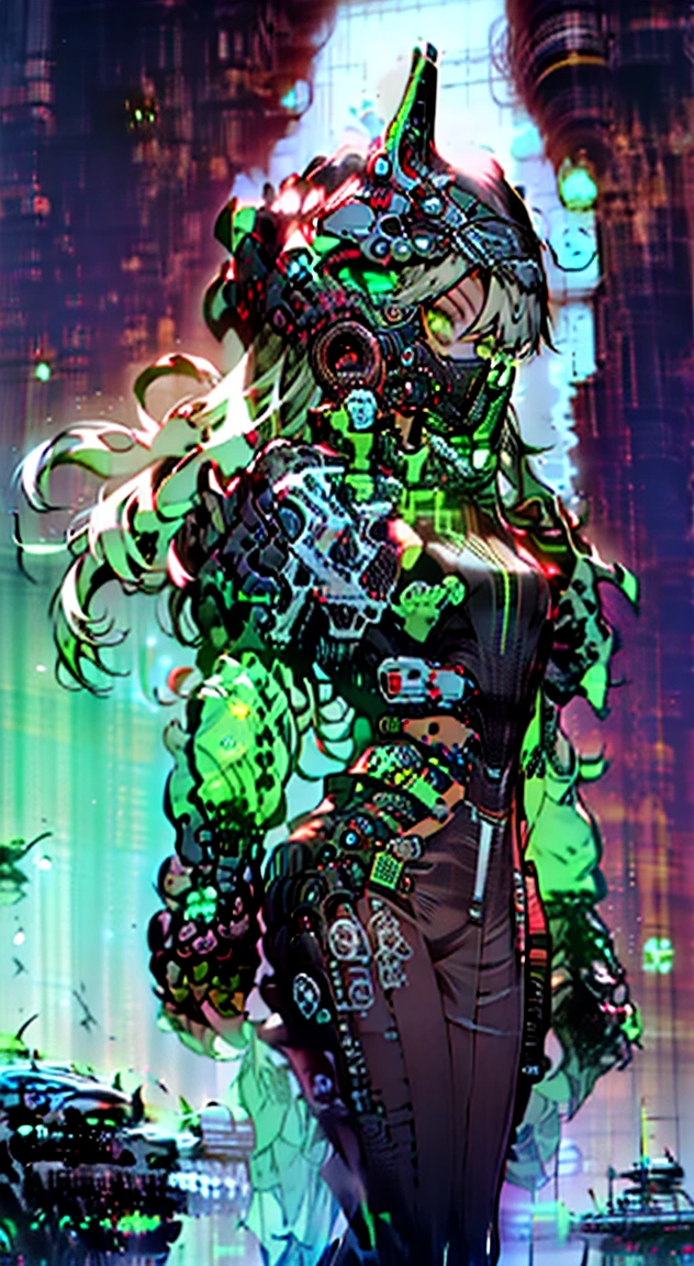 8K,Ultra Detail,ultra-quality,ultra precision,ultimate masterpiece,wolf Girl,big boobs,big Thigh,bomber jacket,long leather pants,long twin tail(blond)(innercolor of pink),cool Graffiti on the wall,Cyber punk mask,Theme of Cyber Punk,smile,view side,