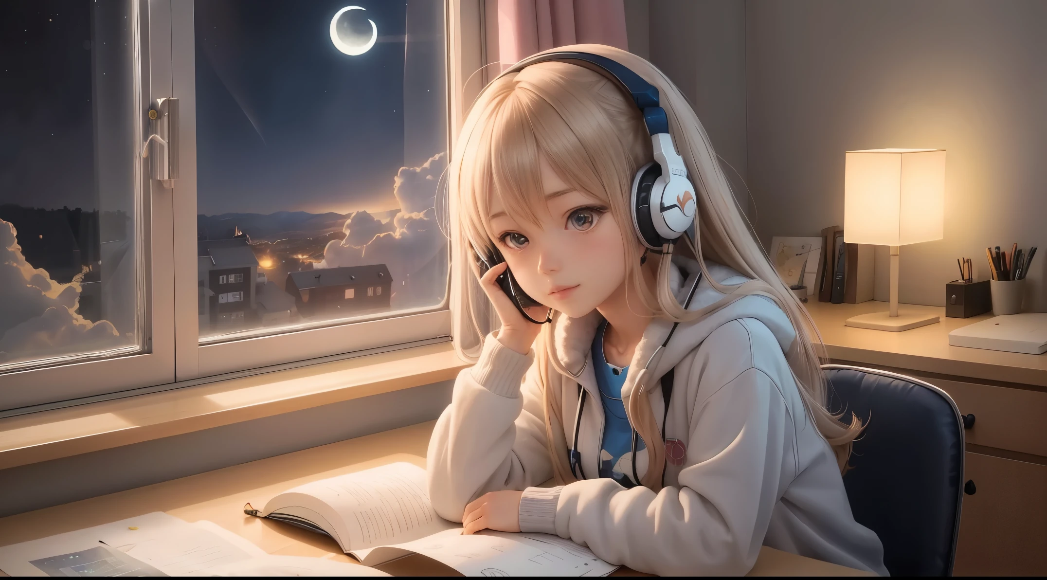 an anime girl wearing headphones while studying her room near the big window viewing stars and the moon. The room lighting is warm soft tones