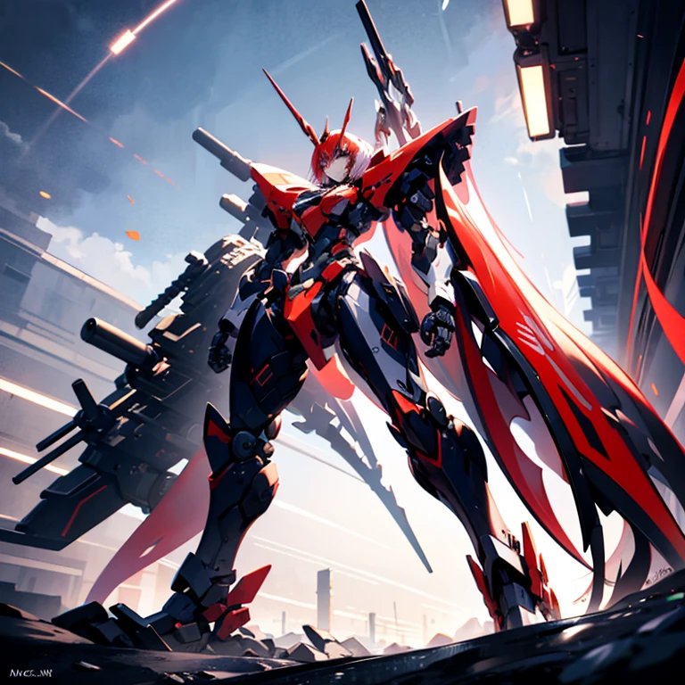 a girl in cool design mecha armor holding weapon in fighting at the sky of cyber city, huge cool weapon machine, mecha, mechanism, machine, open stance,Girl in military uniform