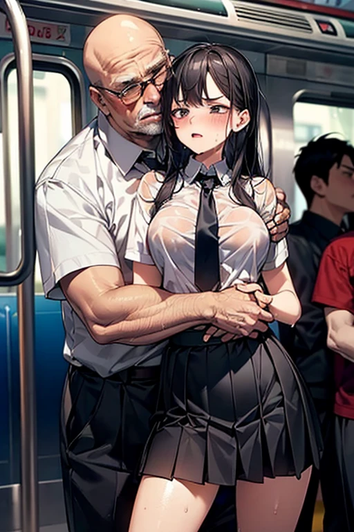 crowded train, girl, fat bald man hugging her from the front talking with mouth and lifting her legs, black sexy lingerie,, pubic hair visible, 40k, photo, masterpiece, best quality, dark grey background, (with one girl's immediately open legully open legs with big breasts, an elderly man leans on her from the front and picks her up and does different poses., Blushing, troubled eyebrows, rough breath, clenched teeth, burning face, heart pupils, sweaty, full body wet, black hair, long hair, knee bending, reluctance, watery eyes, big, soaked, small, slender, white shirt, tie, pants visible through short pleated skirt, slouch, slender, short pleated skirt, slouching, hands on chest, crotch open, lewd, kissing, hugging, tongue sucking, legs tangled around hips, cowboy shottouching breasts, hands on the crotch,