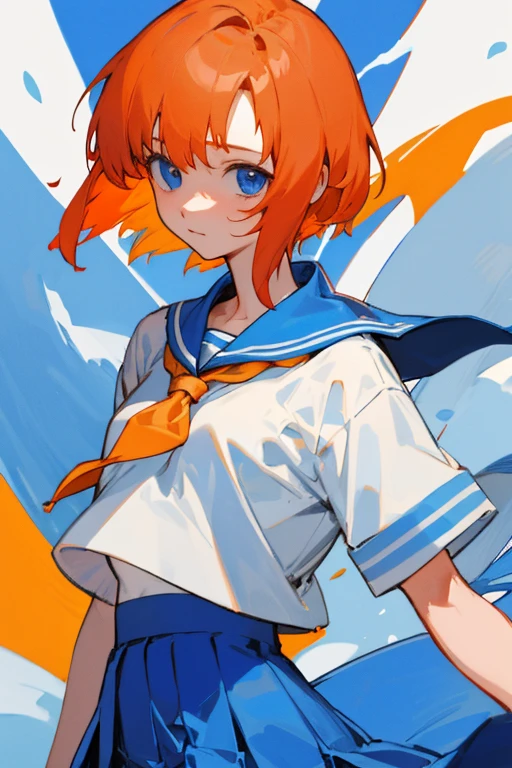 Detailed details，background whites，Blue eyes，short orange hair，a sailor suit，neck tie，Blue skirt,