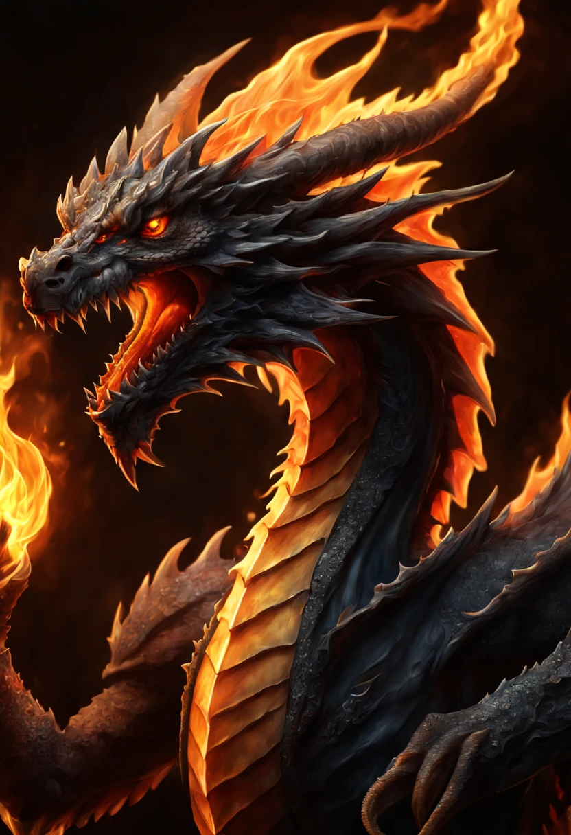 (((dark fantasy style of flame-Dragon illustration:1.3))), (stunning flame background:1.3), (((beautiful detail glow:1.2))), (((radiosity rendered in stunning 32k beautiful resolution:1.3))), (((all captured in sharp focus:1.1))), (((highest quality:1.2))), (((highly quality:1.2))),