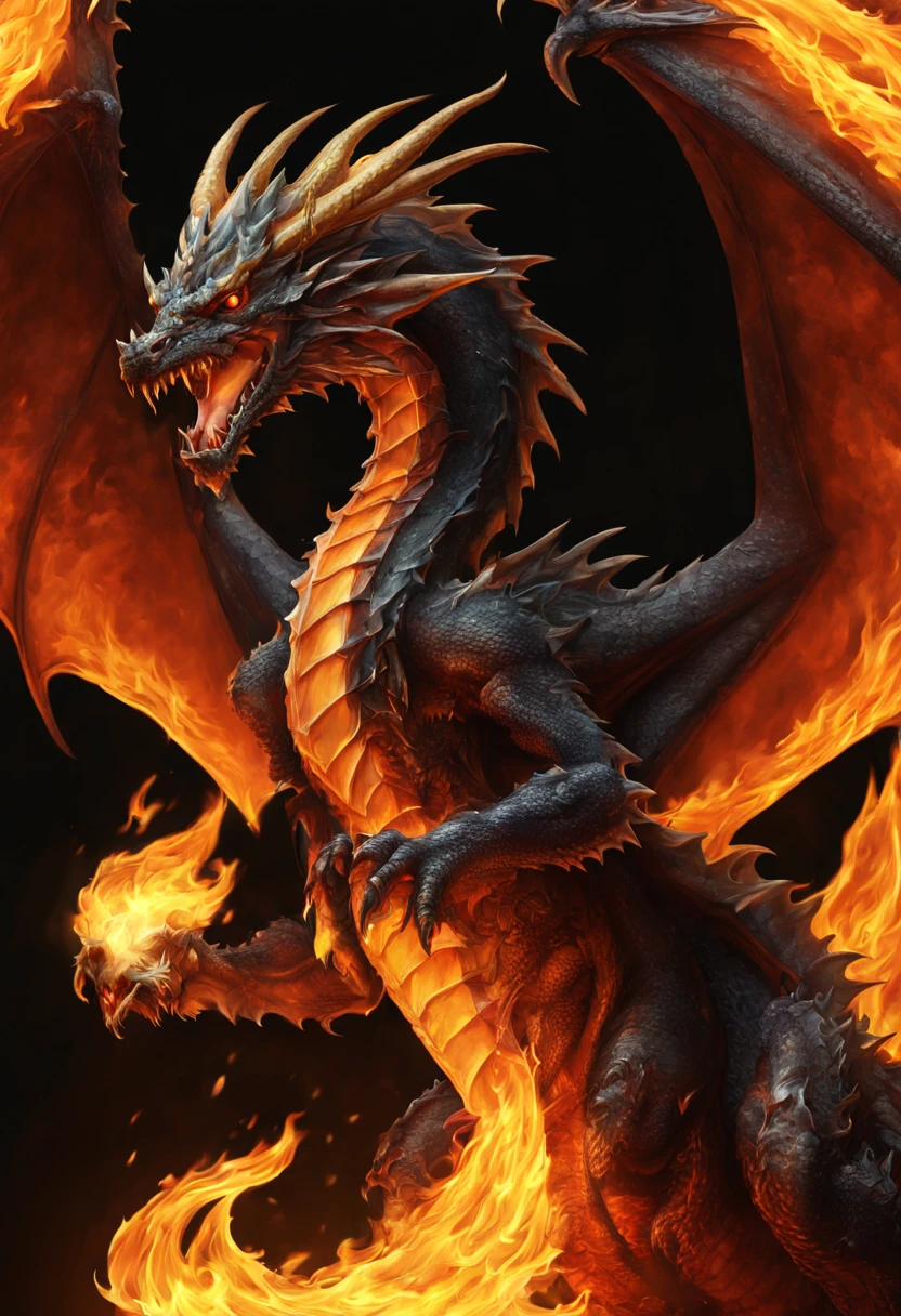 (((dark fantasy style of flame-Dragon illustration:1.3))),  (stunning flame background:1.3), (((beautiful detail glow:1.2))), (((radiosity rendered in stunning 32k beautiful resolution:1.3))), (((all captured in sharp focus:1.1))), (((highest quality:1.2))), (((highly quality:1.2))),