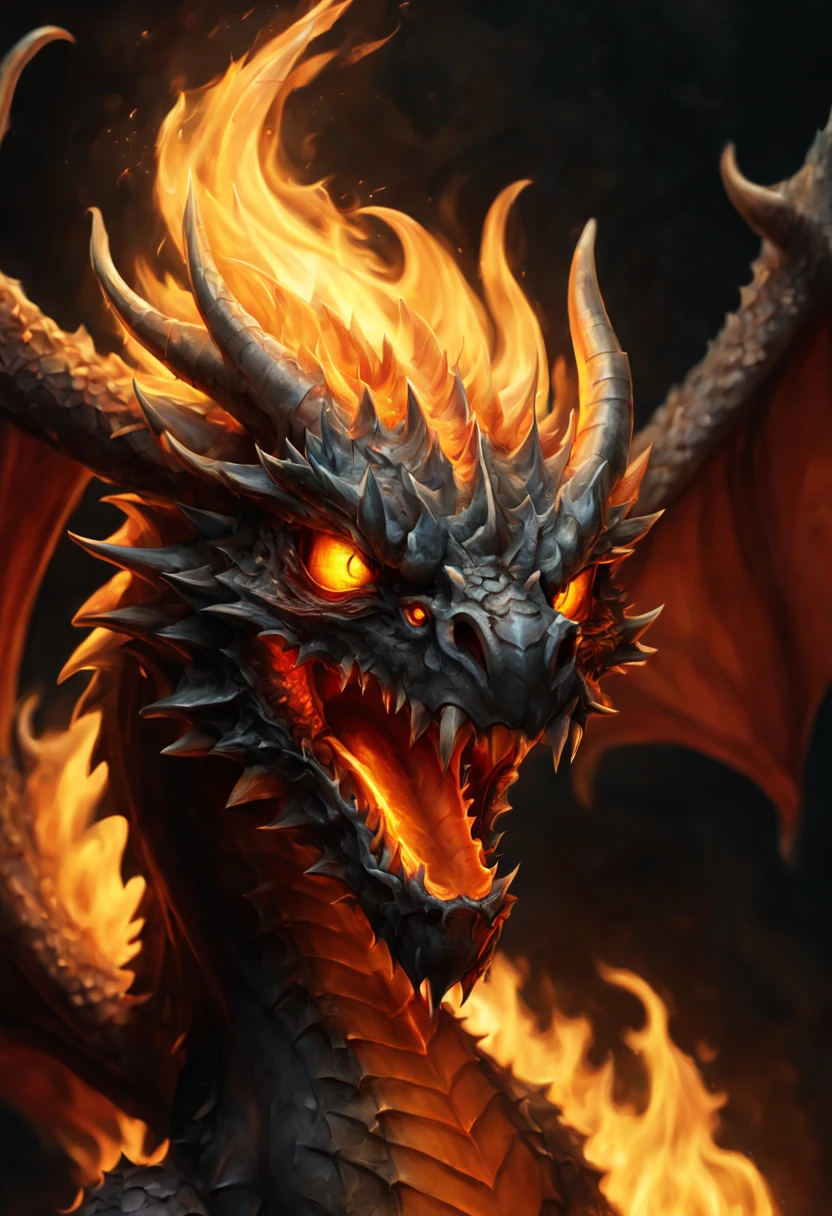 (((dark fantasy style of flame-Dragon illustration:1.3))),  (stunning flame background:1.3), (((beautiful detail glow:1.2))), (((radiosity rendered in stunning 32k beautiful resolution:1.3))), (((all captured in sharp focus:1.1))), (((highest quality:1.2))), (((highly quality:1.2))),