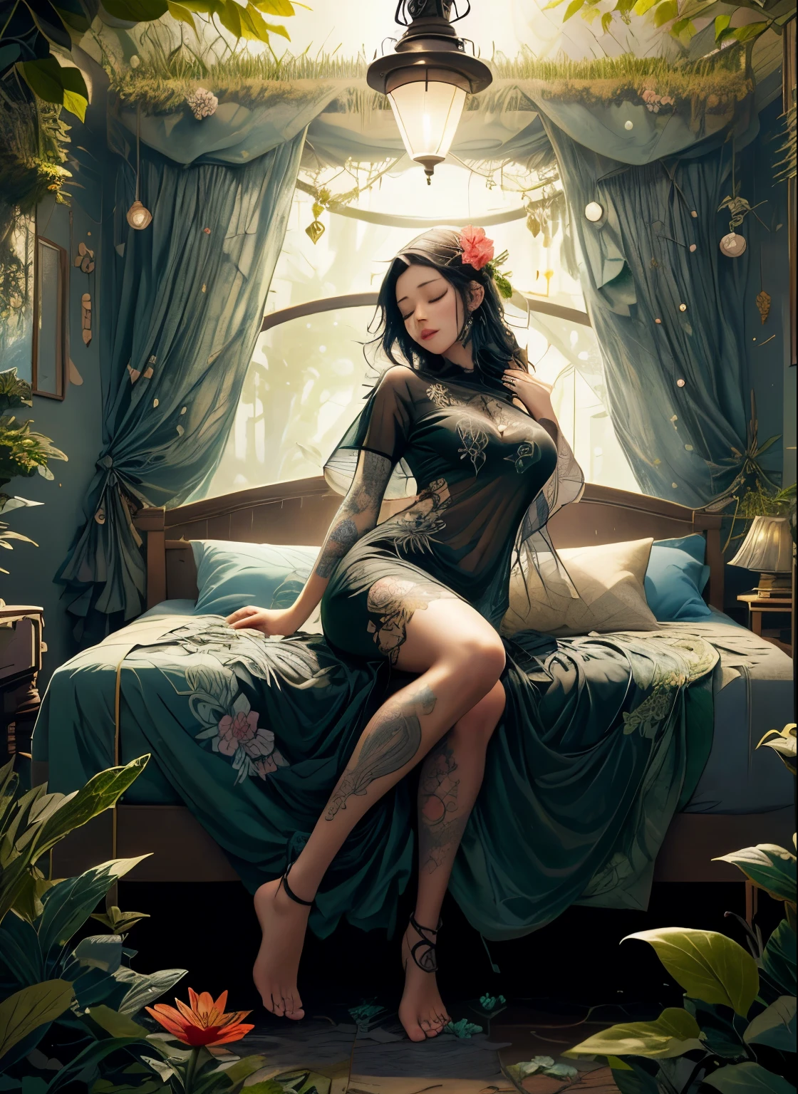 1sexy girl with forest clothes, flowers, leaves, mandalas, fractal,, Sleeping Beauty, by Bella🦋 full body, beautiful girl sleeping, room with mirror, girl sleeping on bed and sheets, old clock and lamp on table, full body, black hair, Transparent clothing,open legs, view of pubic hair, 1 sexy girl in transparent forest clothes,exposed breasts, open transparent t-shirt,mandala and flower tattoos, La mejor calidad, Obra maestra, llustration, muy delicado y hermoso, muy detallado, CG, Unidad, Fondo de pantalla de 8k, ridiculous, huge filesize, lente muy ancha, Luz suave,Sleeping Beauty, by Bella🦋 full body, beautiful girl sleeping, full body, black hair, Transparent clothing, slight smile,, open legs, view of pubic hair, 1 sexy girl in transparent forest clothes,exposed breasts, open transparent t-shirt,mandala and flower tattoos, La mejor calidad,