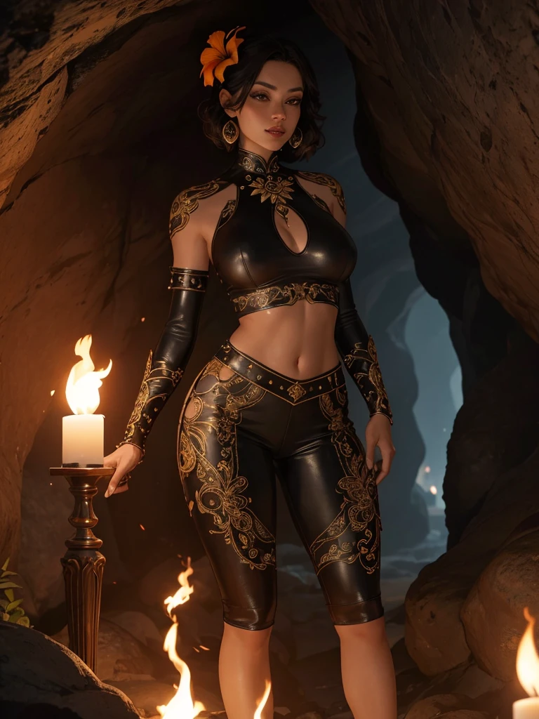 Beautiful woman, underground cavern, tight black leather crop top, large breast, very tight leather shorts, perfect hourglass figure, tropical flowers, flaming torches, dark underground passages, masterpiece, intricate detail, photorealistic, 16K