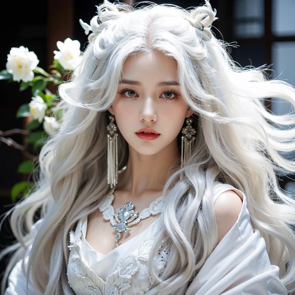 a close up of a woman with 长长的White hair and a white dress, detailed long white hair, with 长长的White hair, Flowing white hair, White hair deity, with long white hair, long Flowing white hair, white beautiful hair, long white hair, white long curly hair, White hair, 长长的White hair, white hair like clouds, White hair的女孩,face expressionless