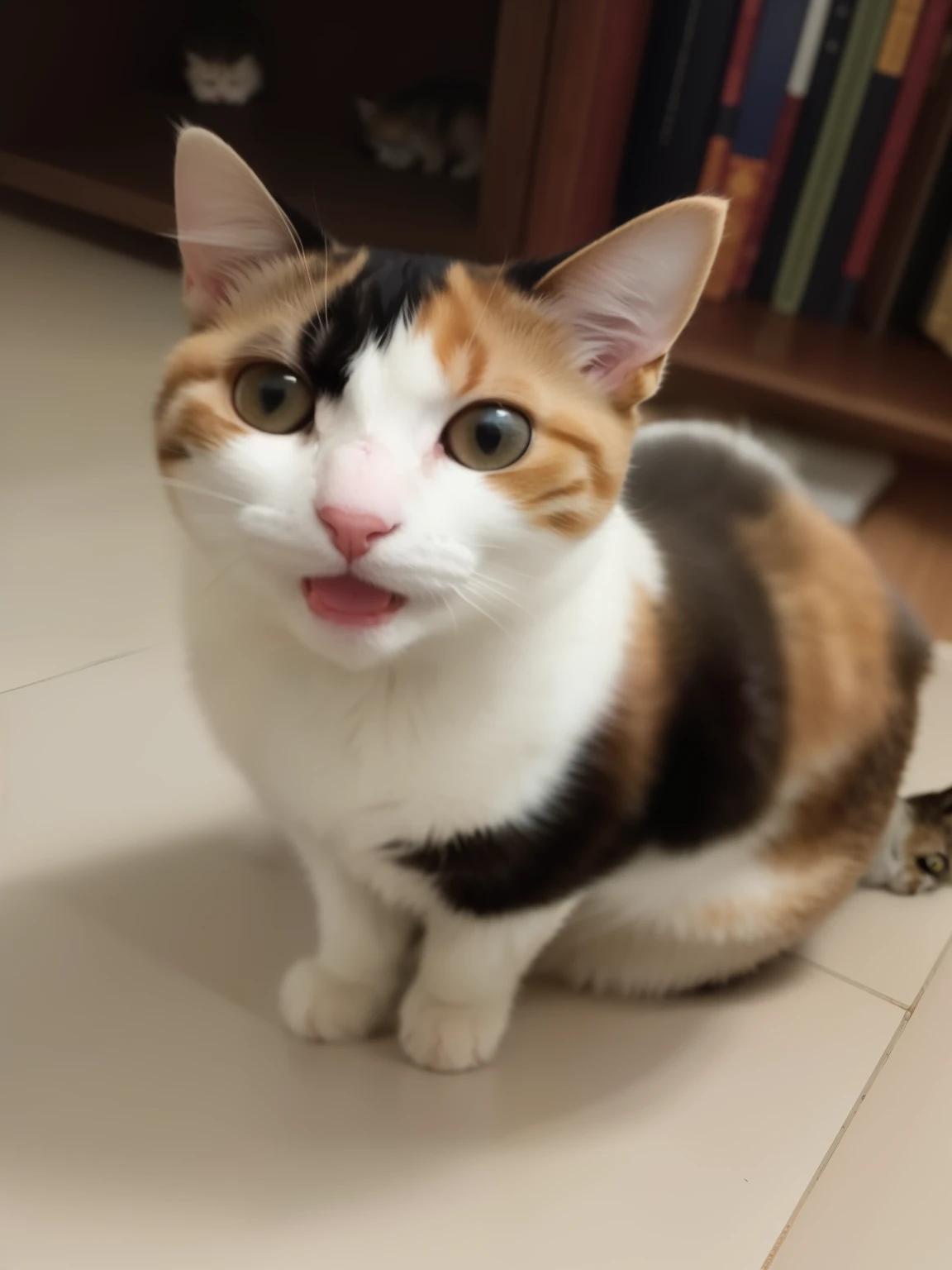 there is a cat sitting on the floor in front of a bookcase, calico cat, calico, cat female with a whit and chest, peludo bonito precisa de sua ajuda, ela tem um rosto bonito, muito bobo olhando, ela tem um rosto expressivo bonito, Cattie - Brie de Mithril Hall, a cat is smiling, pronto para comer, um gato bonito no estilo Pixar