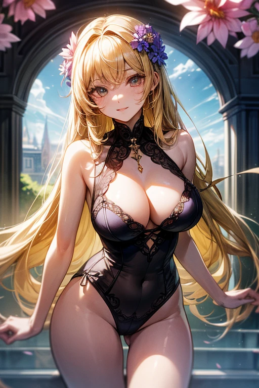 ((top-quality、8K、masterpiece:1.3)),high-level image quality、最high-level image quality、top-quality、hiquality、slenderbody、Beautiful feceボディーライン、(Beautiful fece大人の女性)、Colossal tits、Sexy style、Insist cleavage、Boob emphasis、ultra-detailliert、Beautiful and aesthetic、Beautiful fece、masterpiece、Show off your cleavage)、garterbelts、Beautiful fece女性は, (medium length yellow hair),、Lovely smile, (Warm colors), moist, moist, Reflectors, (masutepiece) 、(Best Quality) (Detailed) , (8K) (Studio Lighting) (Convoluted) , ((Flower arch so magical and dreamy)), opulent, ethereal fairy tale, Rich pastel color palette, Ethereal dreamy theme, dreamy and detailed, The setting of a fairy tale:, (((building with many flowers)))、anime fantasy artwork, anime fantasy illustration, Beautiful feceアートワークのイラスト, Beautiful feceアニメアートwork, elaborate digital art, Convolutedな華やかなアニメCGIスタイル, anime art nouveau cosmic display, Beautiful feceアニメアート, Beautiful feceデジタル芸術作品, Beautiful feceファンタジーアニメ, Detailed anime artwork, Detailed Digital Anime Art, dreamy psychedelic anime、Beautiful fece表現、Beautiful fece乳房、A detailed eye、Clearly eye-catching, beautiful and alluring、Beautiful fece目、Narrow waist、Beautiful fece白い肌、red rip、((Flower decoration all over long hair))、(Sexy sheer lingerie)、garterbelts