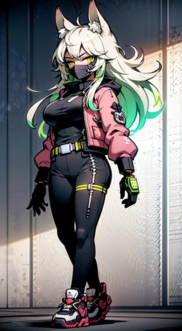 8K,Ultra Detail,ultra-quality,ultra precision,ultimate masterpiece,wolf Girl,big boobs,big Thigh,bomber jacket,long leather pants,long twin tail(blond)(innercolor of pink),cool Graffiti on the wall,Cyber punk mask,Theme of Cyber Punk,stylish,