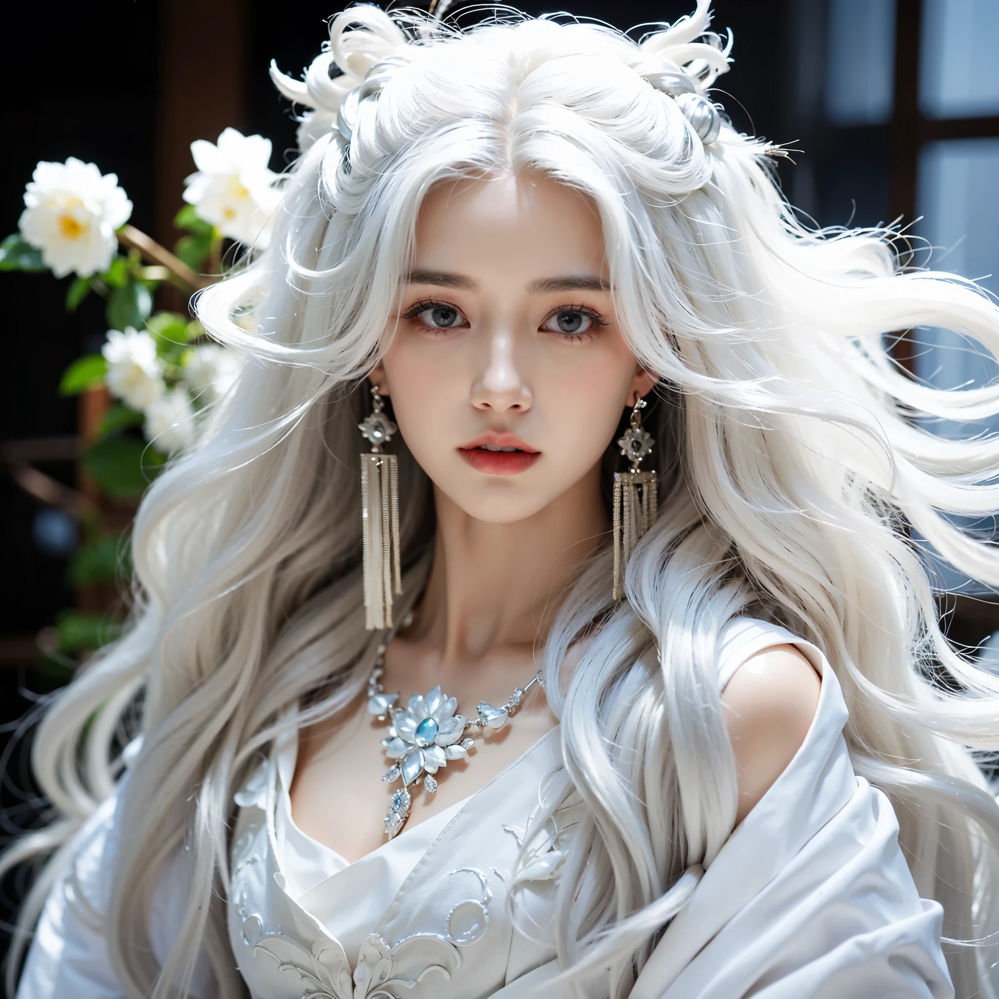 a close up of a woman with 长长的White hair and a white dress, detailed long  white hair, with 长长的White hair, Flowing white hair, White hair deity, with long  white hair, long Flowing white hair, white beautiful hair, long  white hair, white long curly hair, White hair, 长长的White hair, white hair like clouds, White hair的女孩,face expressionless