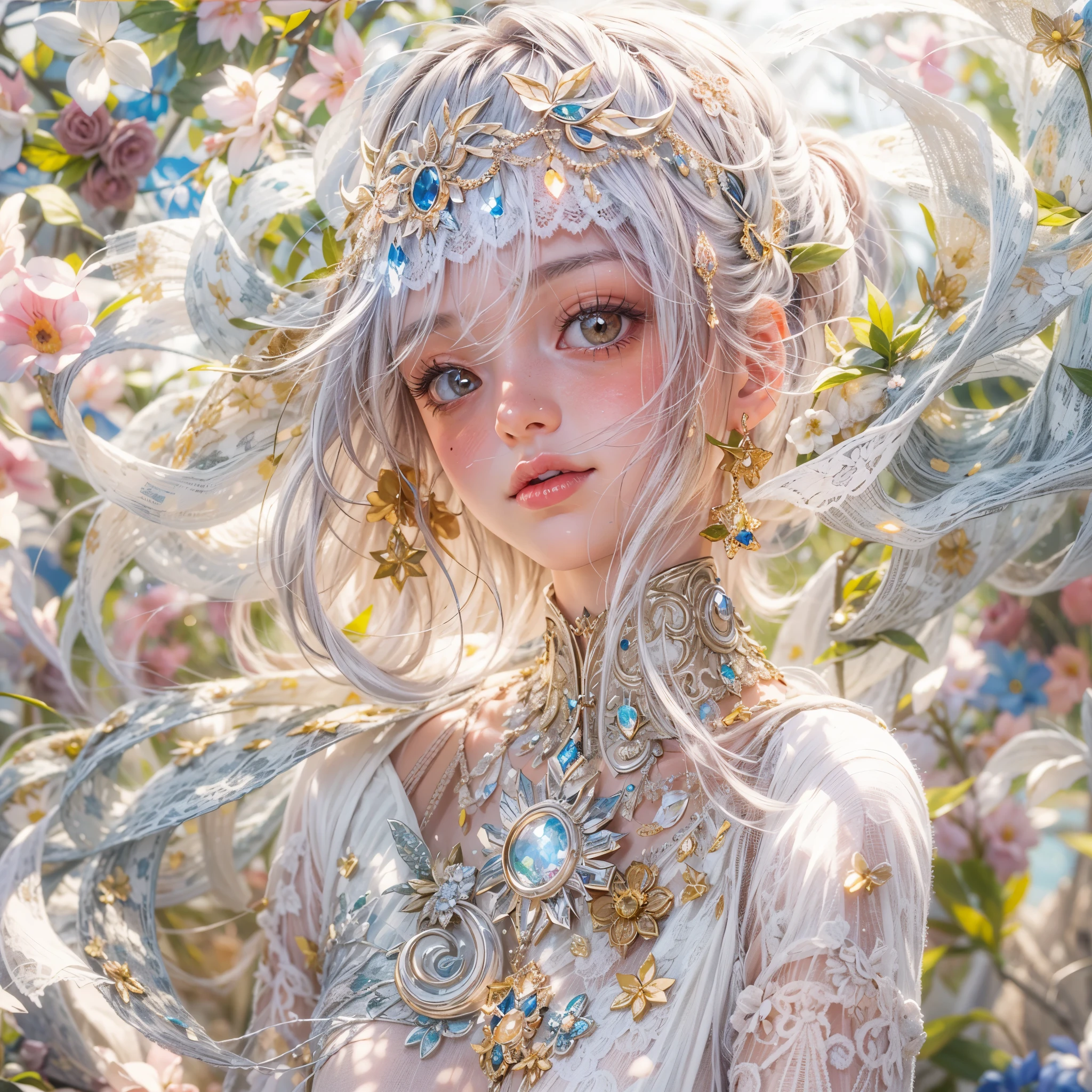 (SFW, Exposed:1.2), concept art, Tiny junior idol, Delicate lace knitted white clothes, (nipple:-0.9), (face closeup, (Dazzling stained glass Background)), (((Renbutsu Misako), vivid colorful Light shines through delicate stained glass:1.35, Dazzling Halo, Acutance:0.8)), {vivid red |Mystic sight | haze | lense Particle | lens flare | light Particle}. (masterpiece:1.2),(ultra-detailed:1.37),((realistic,photorealistic,photo-realistic:1.37)), (Extremely detailed KAWAII face variations, innocent expression variations), {rosy cheeks | intricate detailed eyes with sparkling highlights | long eyelashes with volume | subtle blush on the face}. impeccable skin texture, captivating gaze, ((Dynamic-angle, physically-based rendering)), whole Body proportions and all limbs are anatomically accurate . full of flowers covering girl's body .