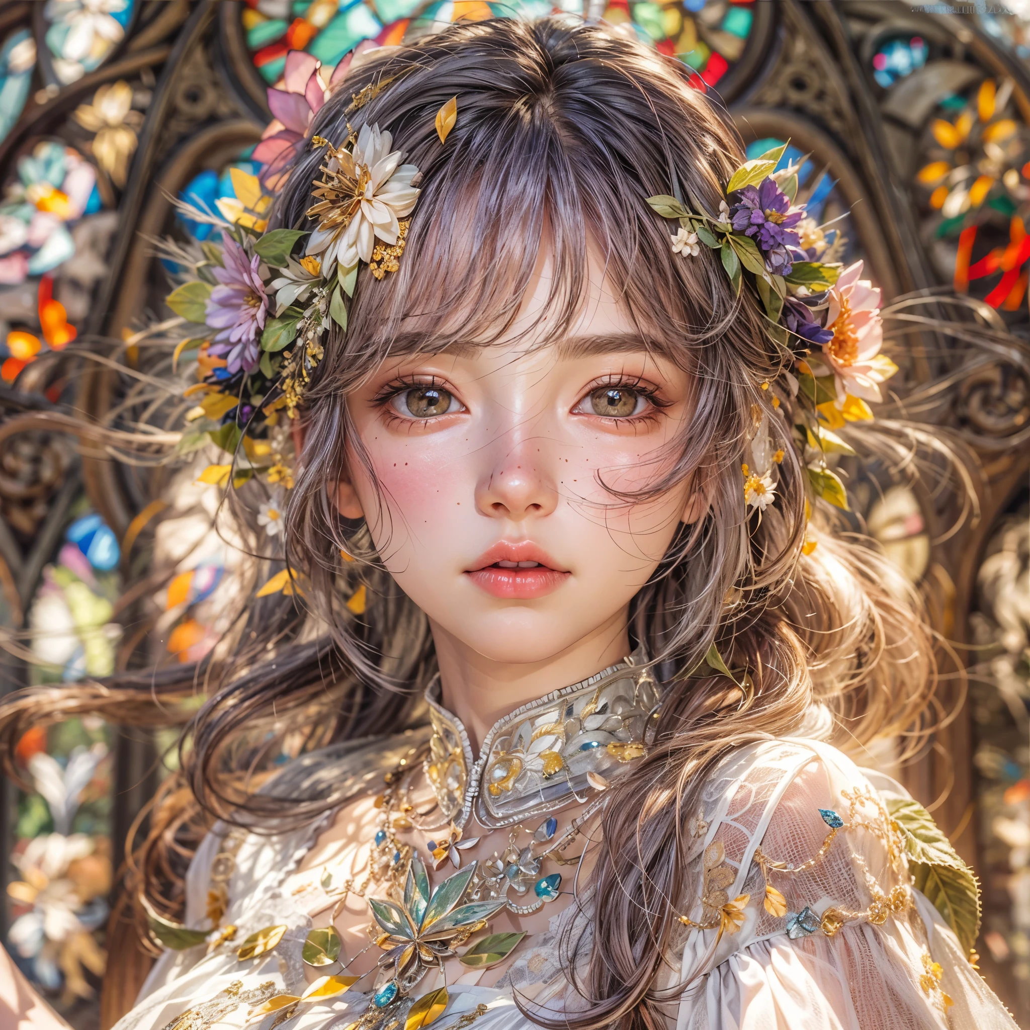 (SFW, Exposed:1.2), concept art, Tiny junior idol, Delicate lace knitted white clothes, (nipple:-0.9), (face closeup, (Dazzling stained glass Background)), (((Renbutsu Misako), vivid colorful Light shines through delicate stained glass:1.35, Dazzling Halo, Acutance:0.8)), {vivid red |Mystic sight | haze | lense Particle | lens flare | light Particle}. (masterpiece:1.2),(ultra-detailed:1.37),((realistic,photorealistic,photo-realistic:1.37)), (Extremely detailed KAWAII face variations, innocent expression variations), {rosy cheeks | intricate detailed eyes with sparkling highlights | long eyelashes with volume | subtle blush on the face}. impeccable skin texture, captivating gaze, ((Dynamic-angle, physically-based rendering)), whole Body proportions and all limbs are anatomically accurate . full of flowers covering girl's body .
