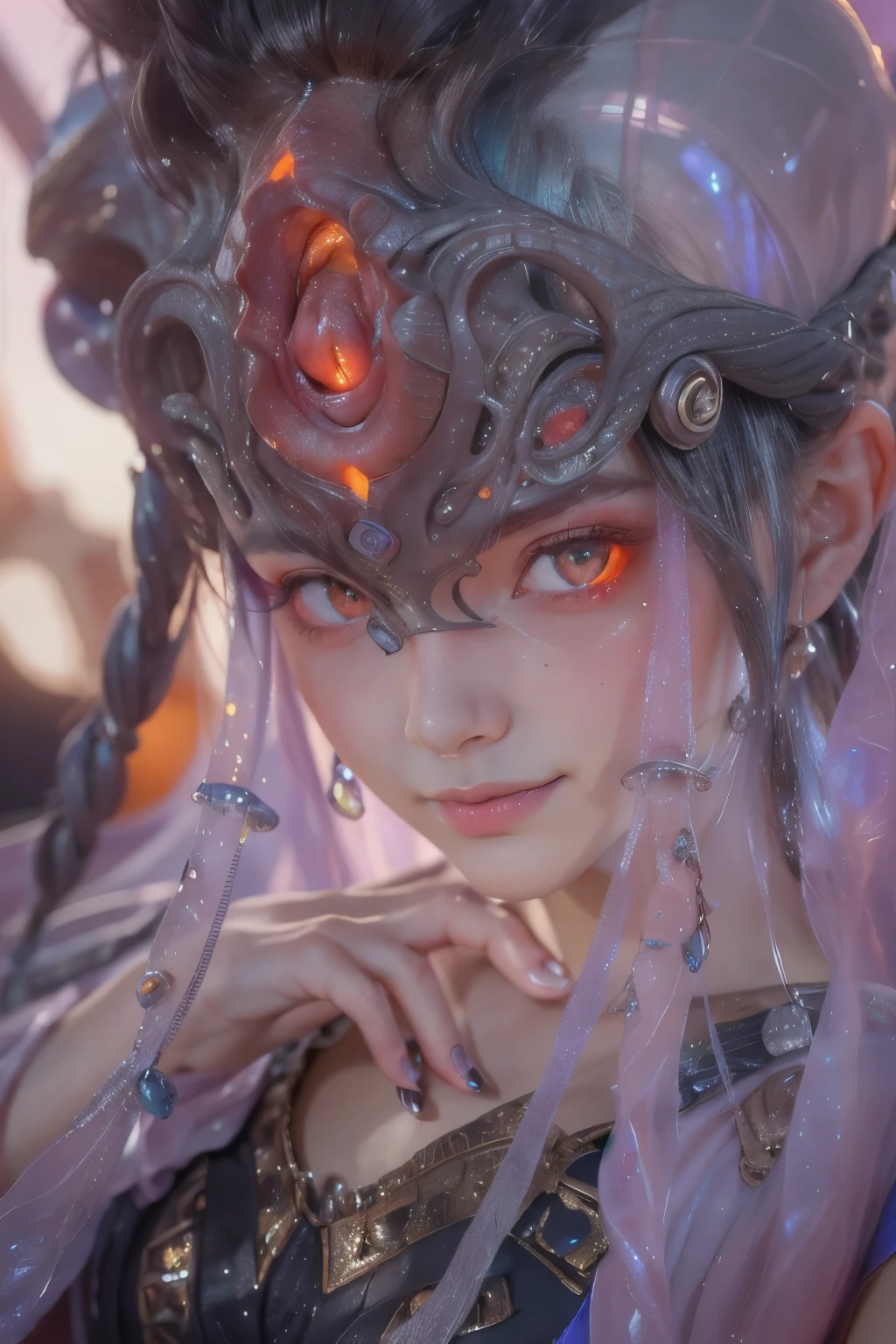 Portrait, (beautiful female alien:1.2),  (There is a female genital-like organ in the middle of the forehead..:1.8), (The most beautiful face in the history of the universe:1.2), (scarlet eyes:1.6), (Translucent skin:1.8), an evil gaze that seduces , (red eyes:1.5), Full body like, (sexypose:1.5), alien, No humans, cells are fused, (Lots of translucent tentacles:1.1) (Translucent skin:1.3), extraterrestrial, cell, bio image, 魅惑的, Best Quality, 8K,4K_quality, High Definition, Dramatic Lighting, masutepiece:1.5,cinematic quality, detail up, (Intricate details:1.2), High resolution, High Definition, drawing faithfully, (Thick eyebrows:1.2), Beautiful eyes with fine symmetry, (Ultra detailed eyes:1.2),(Highly detailed face and eyes:1.2), (High-resolution red-eye:1.4), Intimate face, (Super detailed skin quality feeling:1.4), Perfect Anatomy,  (Beautiful toned body:1.5),  (Moist skin:1.2), No makeup, (dark circles:1.1), long canines, cinematic drawing of characters, ultra high quality model, cinematic quality, detail up, (Intricate details:1.2), High resolution, High Definition, drawing faithfully, Official art, Unity 8K wall  , 8K Portrait, Best Quality, Very High resolution, ultra detailed artistic photography, midnight aura,  unreal enginee 5, Ultra Sharp Focus, art by alberto seveso, ArtGerm, Roisch, intricate artwork, Medusa, best quality, masutepiece, ultra High resolution, (photos realistic：1.4), Ultra-realistic realism, dream-like,  nautilus, Creation of fantasy, Snail, Dream Snail,  biopunk nautilus, Thrilling color schemes， Ultra-realistic realism， seductively smiling, Blue tentacles
