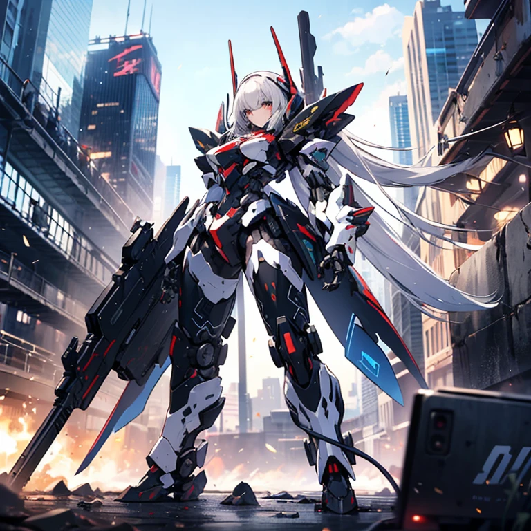 a girl in cool design mecha armor holding weapon in fighting at the sky of cyber city, huge cool weapon machine, mecha, mechanism, machine, open stance,Girl in military uniform