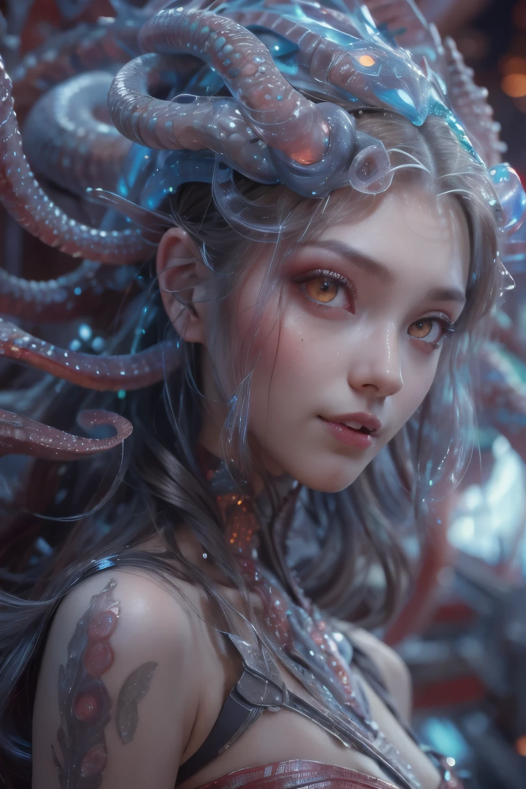 Portrait, (beautiful female alien:1.2), (There is a female genital-like organ in the middle of the forehead..:1.8), (The most beautiful face in the history of the universe:1.2), (scarlet eyes:1.6), (Translucent skin:1.8), an evil gaze that seduces , (red eyes:1.5), Full body like, (sexypose:1.5), alien, No humans, cells are fused, (Lots of translucent tentacles:1.1) (Translucent skin:1.3), extraterrestrial, cell, bio image, 魅惑的, Best Quality, 8K,4K_quality, High Definition, Dramatic Lighting, masutepiece:1.5,cinematic quality, detail up, (Intricate details:1.2), High resolution, High Definition, drawing faithfully, (Thick eyebrows:1.2), Beautiful eyes with fine symmetry, (Ultra detailed eyes:1.2),(Highly detailed face and eyes:1.2), (High-resolution red-eye:1.4), Intimate face, (Super detailed skin quality feeling:1.4), Perfect Anatomy, (Beautiful toned body:1.5), (Moist skin:1.2), No makeup, (dark circles:1.1), long canines, cinematic drawing of characters, ultra high quality model, cinematic quality, detail up, (Intricate details:1.2), High resolution, High Definition, drawing faithfully, Official art, Unity 8K wall , 8K Portrait, Best Quality, Very High resolution, ultra detailed artistic photography, midnight aura, unreal enginee 5, Ultra Sharp Focus, art by alberto seveso, ArtGerm, Roisch, intricate artwork, Medusa, best quality, masutepiece, ultra High resolution, (photos realistic:1.4), Ultra-realistic realism, dream-like, nautilus, Creation of fantasy, Snail, Dream Snail, biopunk nautilus, Thrilling color schemes, Ultra-realistic realism, seductively smiling, Blue tentacles