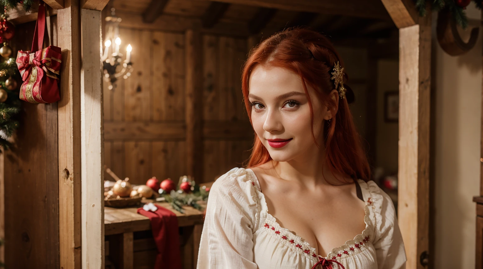young girl ,slavic look,folk clothes,blurry background,red hair,heavy make up,inside,pink lipstick,Polish,4k,ultra realistic,turned around,looking at the camera,medieval,one girl,smiling,Christmas decorations,Christmas