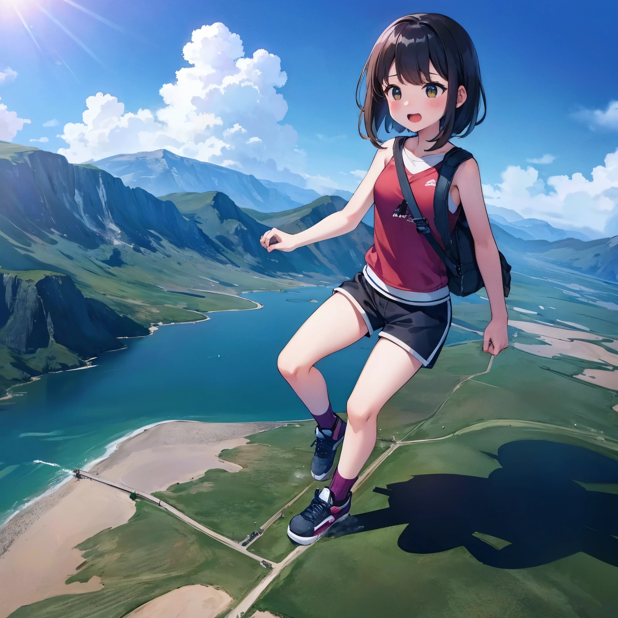 1girl,cute, teenager,tank tops,shorts, GTSGiga, mountains,running, full view, size difference, tiny humans around, taller than mountains, one person