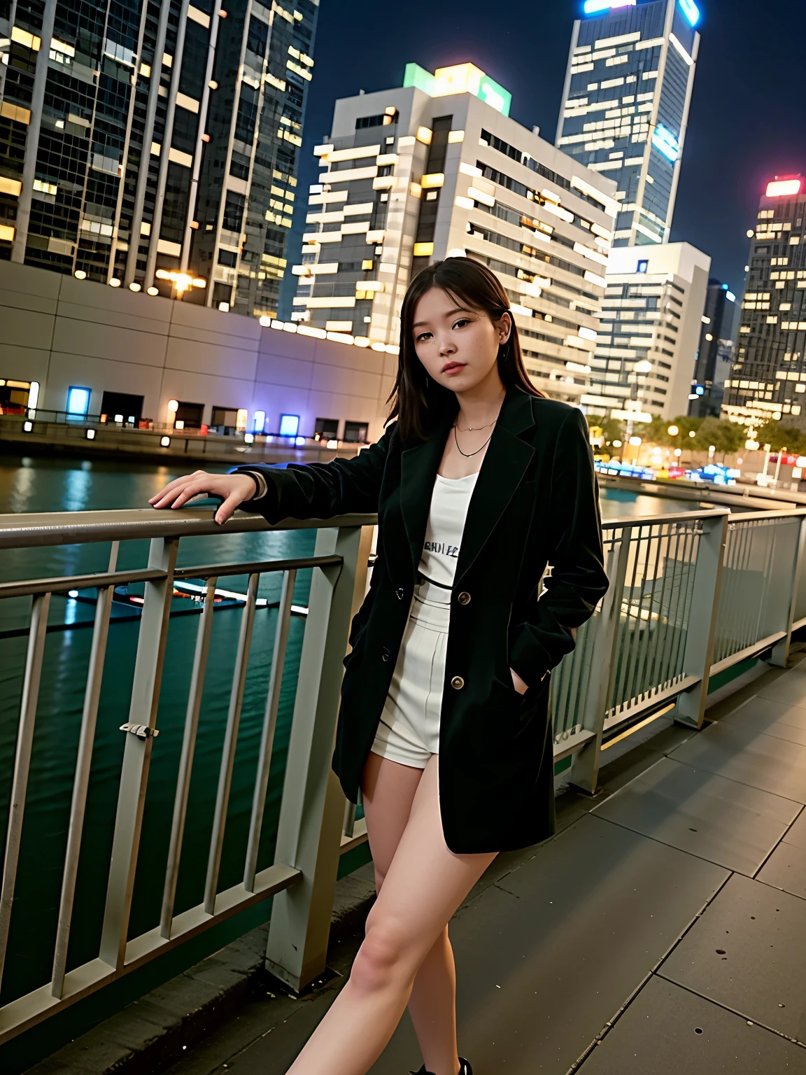 woman standing on a bridge in front of a city at night, standing in a city center, photo taken in 2 0 2 0, louise zhang, in front of a sci fi cityscape, at nighttime, taken with canon eos 5 d mark iv, taken in 2 0 2 0, 3 0 years old woman, 30 years old woman, bokeh in the background only