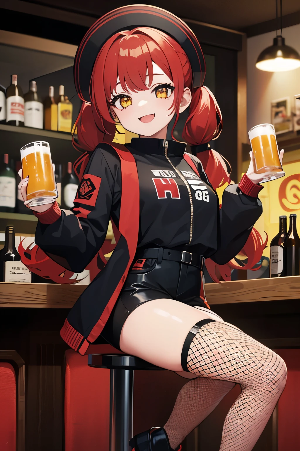 One Woman, Dark brown hair, Yellow Ethes, Wearing a pink leather jacket, White shirt, Wearing a miniskirt in a bar, Have a beer mug, A refreshing smile,blush, alcohol, Drunk face, 4K, Good anatomy, masterpiece, Detailed face, basalt