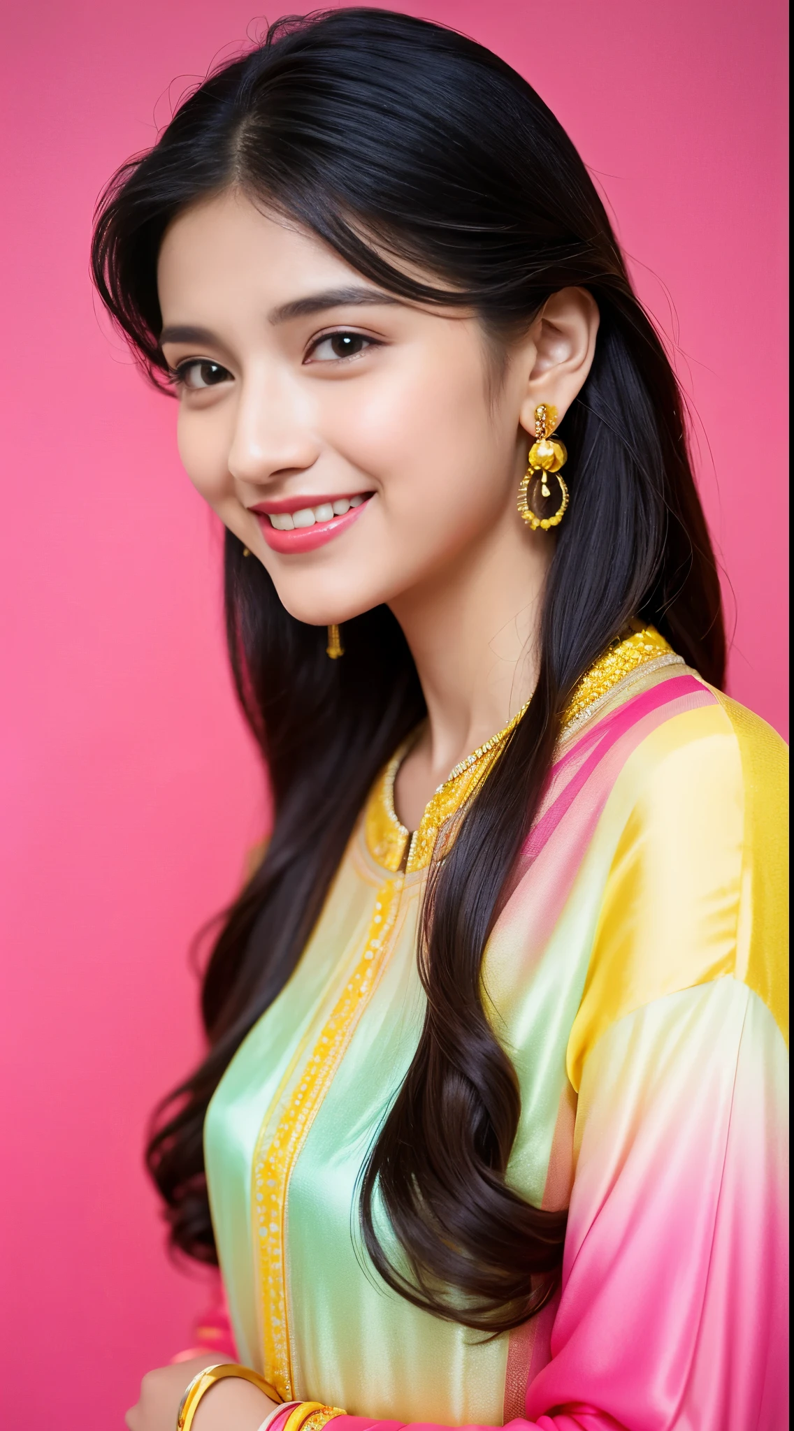 a beautiful young smile girl in beautiful gradient pink-yellow plane georgette ,silk ,soft ,smooth ,fabric ,chiffon ,attractive beautiful Indian suit salvar and dupatta ,red lips , extremely black long silk black hair , golden earrings ,golden necklace