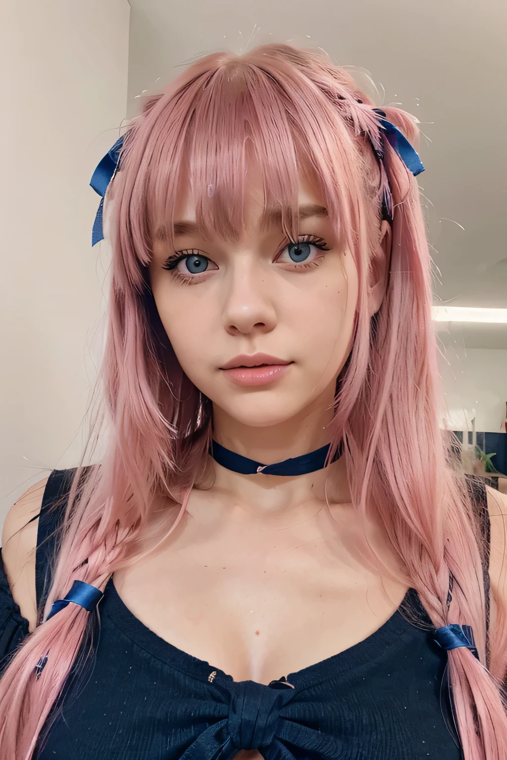 "uma jovem de 19 anos, com cabelo comprido e franja perto dos olhos, Rosa, olhos azuis, thick natural lips, com um brilho labial brilhante, she is facing the camera with her hair with Rosa bangs, The fringe is also Rosa and tied with a Rosa ribbon.