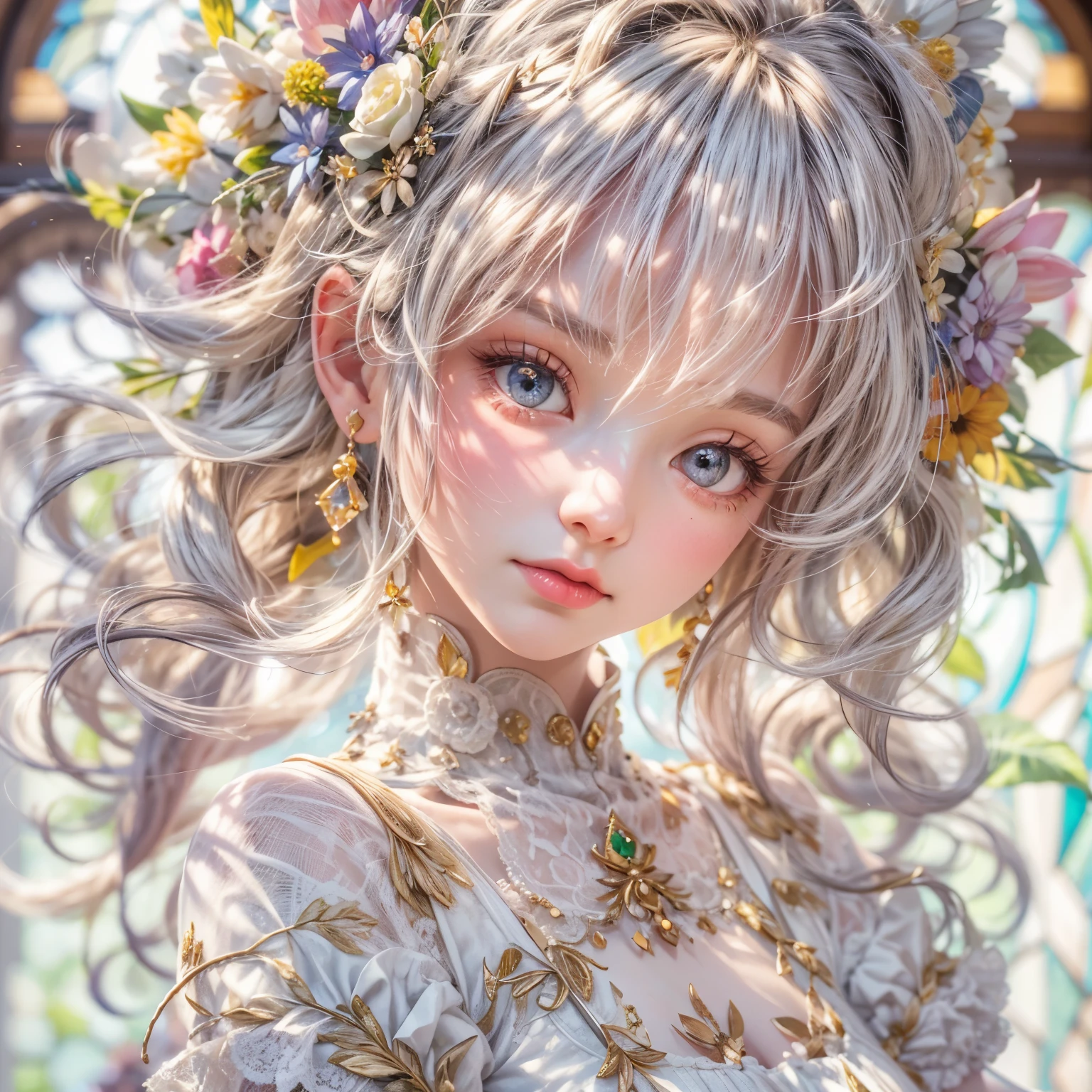 (SFW, Exposed:1.2), concept art, Tiny junior idol, Delicate lace knitted white clothes, (nipple:-0.9), (face closeup, (Dazzling stained glass Background)), (((Renbutsu Misako), vivid colorful Light shines through delicate stained glass:1.35, Dazzling Halo, Acutance:0.8)), {vivid red |Mystic sight | haze | lense Particle | lens flare | light Particle | body crotch}. (masterpiece:1.2),(ultra-detailed:1.37),((realistic,photorealistic,photo-realistic:1.37)), (Extremely detailed KAWAII face variations, innocent expression variations), {rosy cheeks | intricate detailed eyes with sparkling highlights | long eyelashes with volume | subtle blush on the face}. impeccable skin texture, captivating gaze, ((Dynamic-angle, physically-based rendering)), whole Body proportions and all limbs are anatomically accurate . full of flowers covering girl's body .