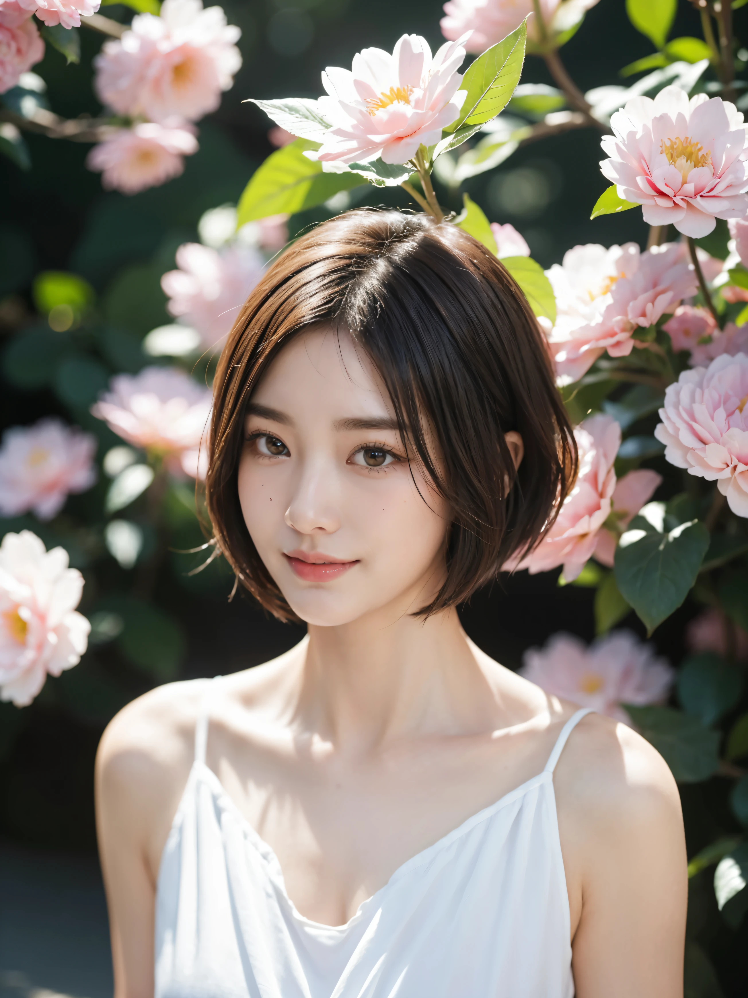 masterpiece、The highest image quality、hightquality、Beautuful Women、japanes、Popular Korean Makeup、detaileds、detailedsな目、detailedsな皮膚、Beautiful skins、超hight resolution、(现实:1.4)、very extremely beautiful、Slightly younger face、Beautiful skins、thin-waist、(A hyper-realistic)、(illustratio)、(hight resolution)、(8K)、(非常にdetaileds)(The best illustrationeautifully detailed eyes)、(超detaileds)、(wall-)、(detaileds顔)、ビューアのdetailedsを見る、 detailedsな顔、pureerosfaceace_v1、A smile、Looking straight ahead、photos realistic、Colorful hair color、(((very_Short_hair)))、((Background Simple,flower))Clothes are white
