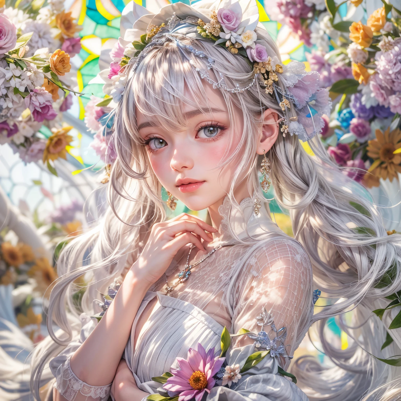 (SFW, Exposed:1.2), concept art, Tiny junior idol, Delicate lace knitted white clothes, (nipple:-0.9), (face closeup, (Dazzling stained glass Background)), (((Renbutsu Misako), vivid colorful Light shines through delicate stained glass:1.35, Dazzling Halo, Acutance:0.8)), {vivid red |Mystic sight | haze | lense Particle | lens flare | light Particle | body crotch}. (masterpiece:1.2),(ultra-detailed:1.37),((realistic,photorealistic,photo-realistic:1.37)), (Extremely detailed KAWAII face variations, innocent expression variations), {rosy cheeks | intricate detailed eyes with sparkling highlights | long eyelashes with volume | subtle blush on the face}. impeccable skin texture, captivating gaze, ((Dynamic-angle, physically-based rendering)), whole Body proportions and all limbs are anatomically accurate . full of flowers covering girl's body .