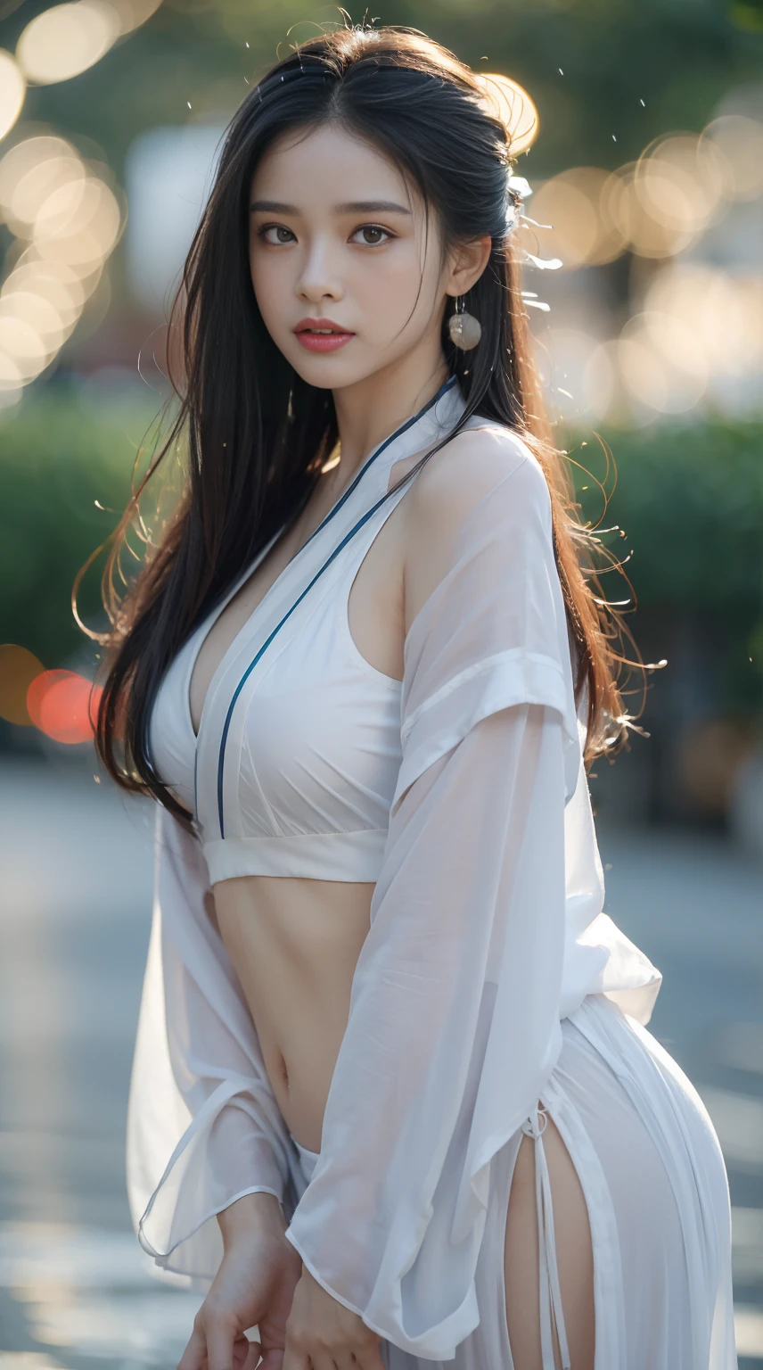 ((Top Quality, 8k, Masterpiece: 1.3)), Crisp Focus: 1.2, Beautiful Women with Perfect Figure: 1.4, Slender Abs: 1.2, ((Layer Cut, Medium: 1.2)), (Wet and Sheer Nightgown: 1.1), (Rain, City: 1.2), Wet Body: 1.1, Highly Detailed Face and Skin Texture, Detailed Eyes, Double Eyelids, Straight On、、乳輪の谷間