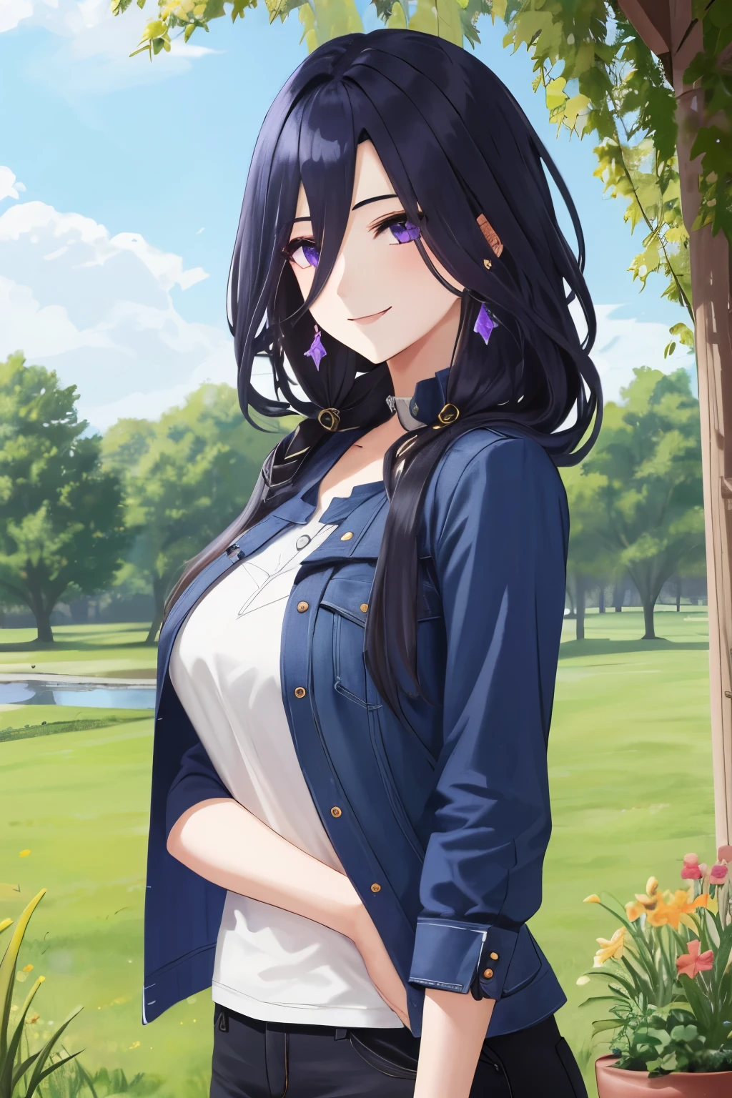 masterpiece, best quality, highly detailed, 1girl, solo, giclorinde, purple eyes, large breasts, hair between eyes, long hair, dark blue hair, earrings, casual outfit, casual, grass, flowers, outdoor, day, upper body, smile,