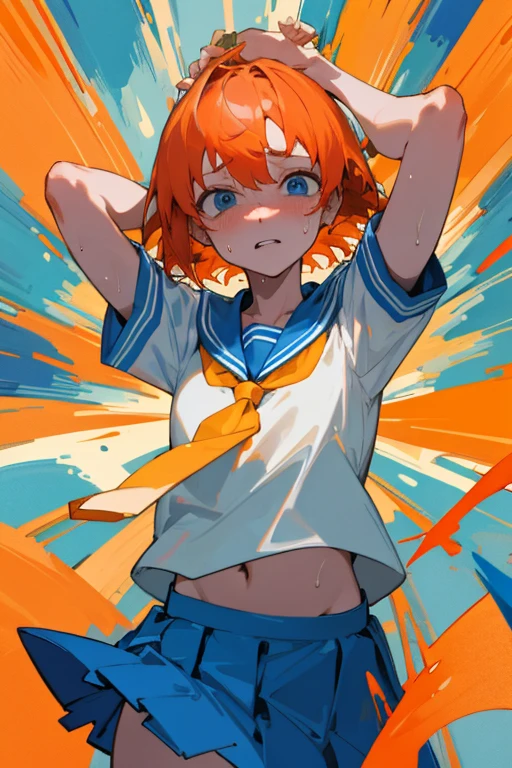 Detailed details，grotesque，psychedelic，disarray，hold your head in confusion，Frightened，Sweating，Blue eyes，short orange hair，a sailor suit，Yellow tie，Blue skirt,