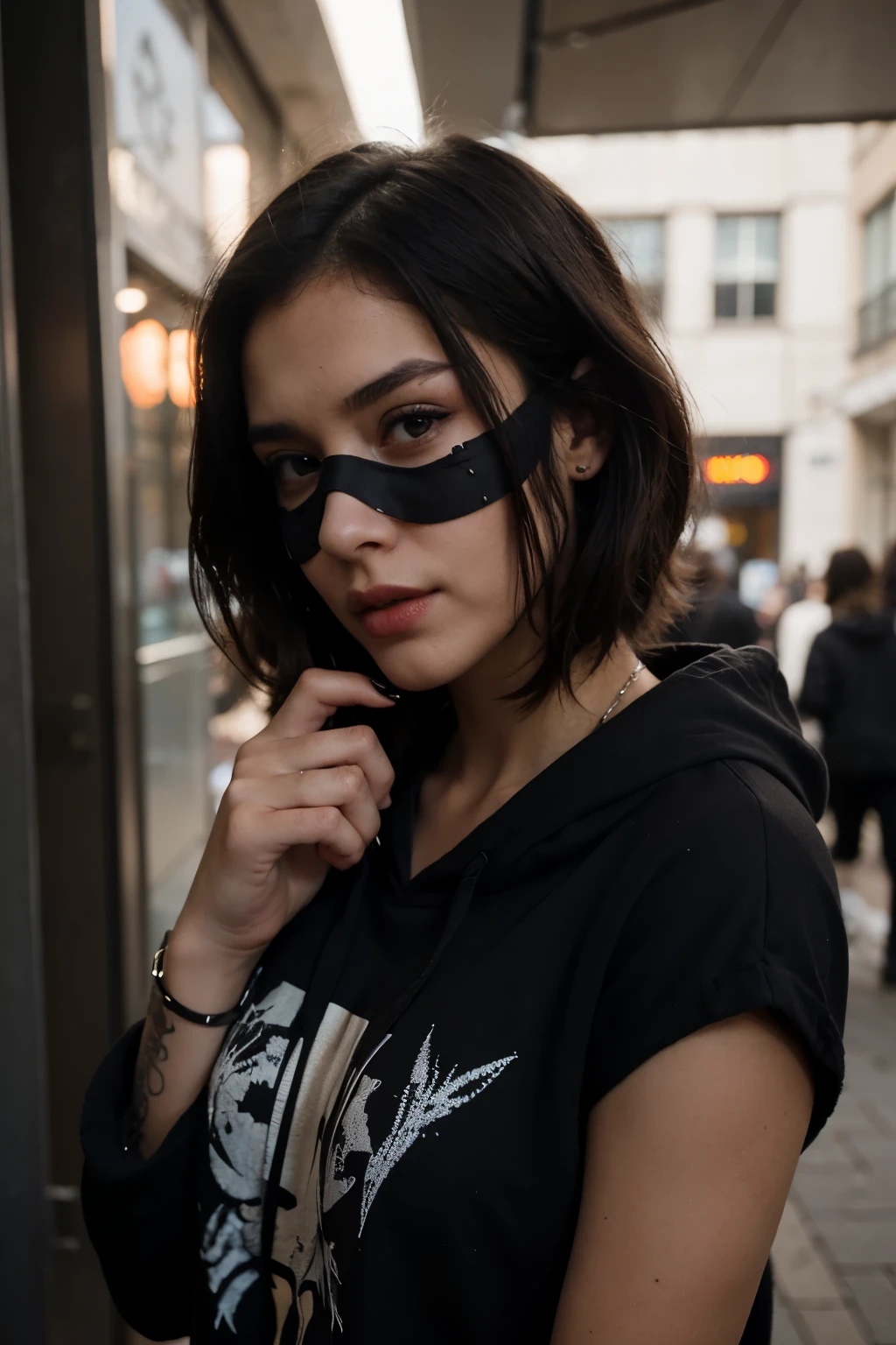 woman, dark punk, mask, brown eyes, with hoodie, black nails, shoulder-length hair