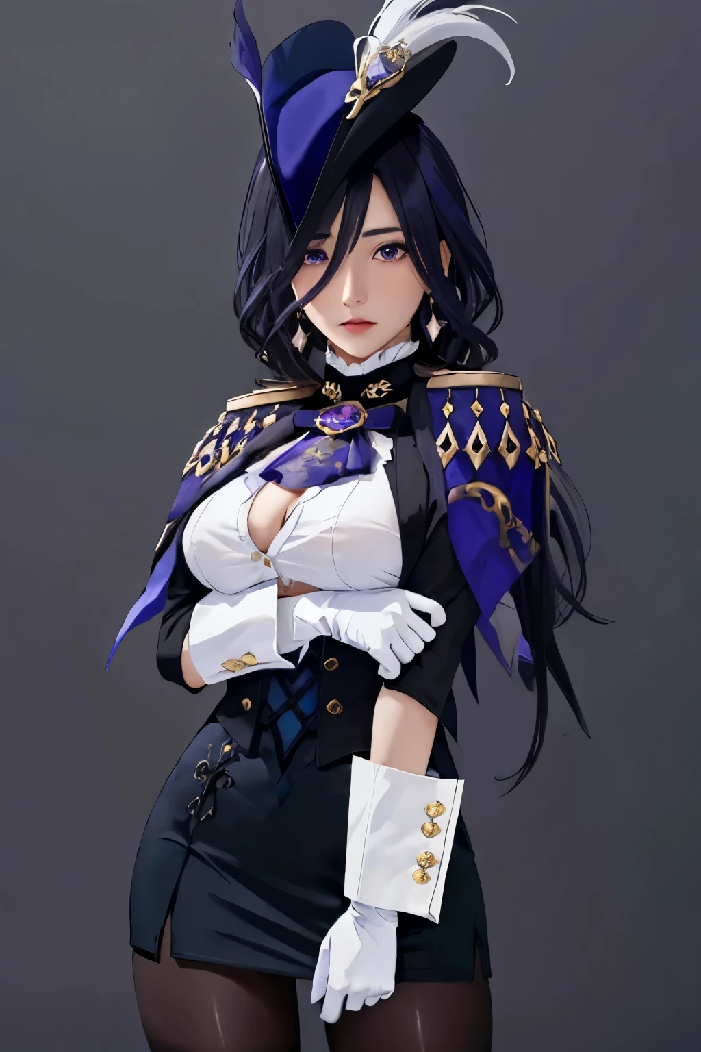 masterpiece, best quality, highly detailed, 1girl, solo, giclorinde, purple eyes, large breasts, hair between eyes, long hair, dark blue hair, earrings, black skirt, miniskirt, pantyhose, purple ascot, purple capelet, black corset, black pantyhose, black skirt, white gloves, hat, tricorne,