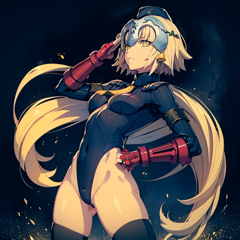 ultra-detailed, Explicit, Beautiful body, Beautiful Nose, Beautiful character design, perfect eyes, perfect face, ultra highres, 4K, beautiful legs, perfect legs, Nice hands, Perfect hand, Masterpiece, Best Quality, Highly detailed, illustration, absurdres, street fighter, doll suit, shadaloo doll, dollsuit, expressionless, blank eyes, looking at viewer, red gloves, emotionless, black latex, corrution, mind control, female combatant, full body, hypnotized, unhappy trance, full body suit, ribbed bodysuit, both arms at side, obey, perfect female body, extremely glossy latex, hypnosis, hypnoLora, empty eyes, Mind control device, poses, submissive_pose, Slave, hat, necktie, stand up straight, standing, standing at attention, hat, necktie, belt, latex, ribbed bodysuit, thighhighs, garter belt, Fighting Stance, extending the right arm from the shoulder into the air with a straightened hand, nazi saluting, military, military saluting, salute, thigh boots, 1girl, solo, fate/grand order, Jeanne d'Arc Alter Santa Lily, helmet, blonde hair, yellow eyes, short hair, pale skin