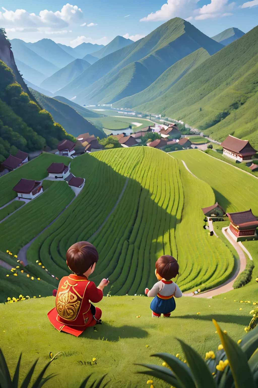 {{tmasterpiece, Best quality at best, extremely detremely detailed CG, Unity8k wallpapers, 电影灯光}}, Tradition Chinese Ink Painting, "Daomeng Space:"Creative Journey in the Mountains and Fields" poster,peacful,Children playing in the rice fields