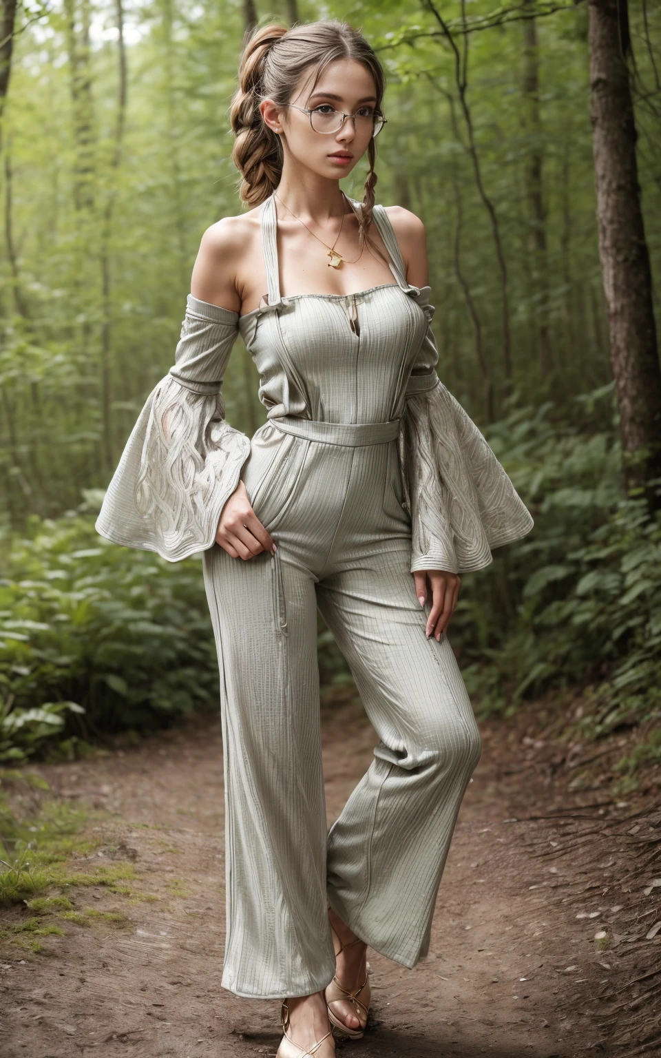 (8K, Masterpiece, RAW photo, Best quality, detail:1.3), (ultra realistic Natural background, scenary:1.5), Depth of field, Cinematic light, (ultra realistic face), (1 picture of 1 solo girl Airim Jones:1.6), 1girl, (Beautiful and elegant Russian girl), (skinny girl with glasses), (European face:1.3), (perfect complete full body:1.5), (small necklace, collarbone:1.1), ( [braids|bangs|ponytail|pigtails|bob|pixie] hair:1.5), (ultra detailed skin:1.4), (sexy outfit:1.6),, (Bell Sleeve Jumpsuit:1.5), (perfect standing pose:1.5), (perfect long legs:1.4)