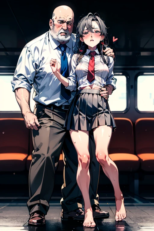 crowded train, girl as yukino yukinoshita, fat bald man hugging her from the front talking with mouth and lifting her legs, black sexy lingerie,, pubic hair visible, 40k, photo, masterpiece, best quality, dark grey background, (with one girl's immediately open legully open legs with big breasts, an elderly man leans on her from the front and picks her up and does different poses., Blushing, troubled eyebrows, rough breath, clenched teeth, burning face, heart pupils, sweaty, full body wet, black hair, long hair, knee bending, reluctance, watery eyes, big, soaked, small, slender, white shirt, tie, pants visible through short pleated skirt, slouch, slender, short pleated skirt, slouching, hands on chest, crotch open, lewd, kissing, hugging, tongue sucking, legs tangled around hips, cowboy shottouching breasts, hands on the crotch, breastapart