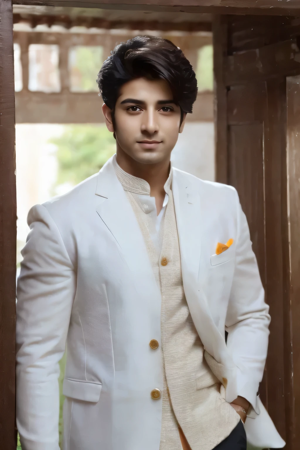 Create a Handsome boy name "Aarav Khanna" age 22 wearing white professional cloth looking to the camera