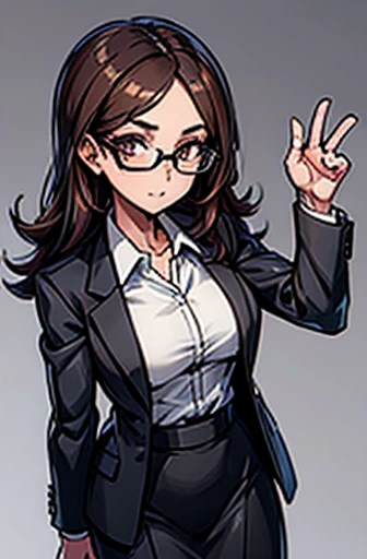 1girl, medium-length brown hair, brown eyes, glasses, open forehead, office outfit, black jacket, white shirt, black skirt