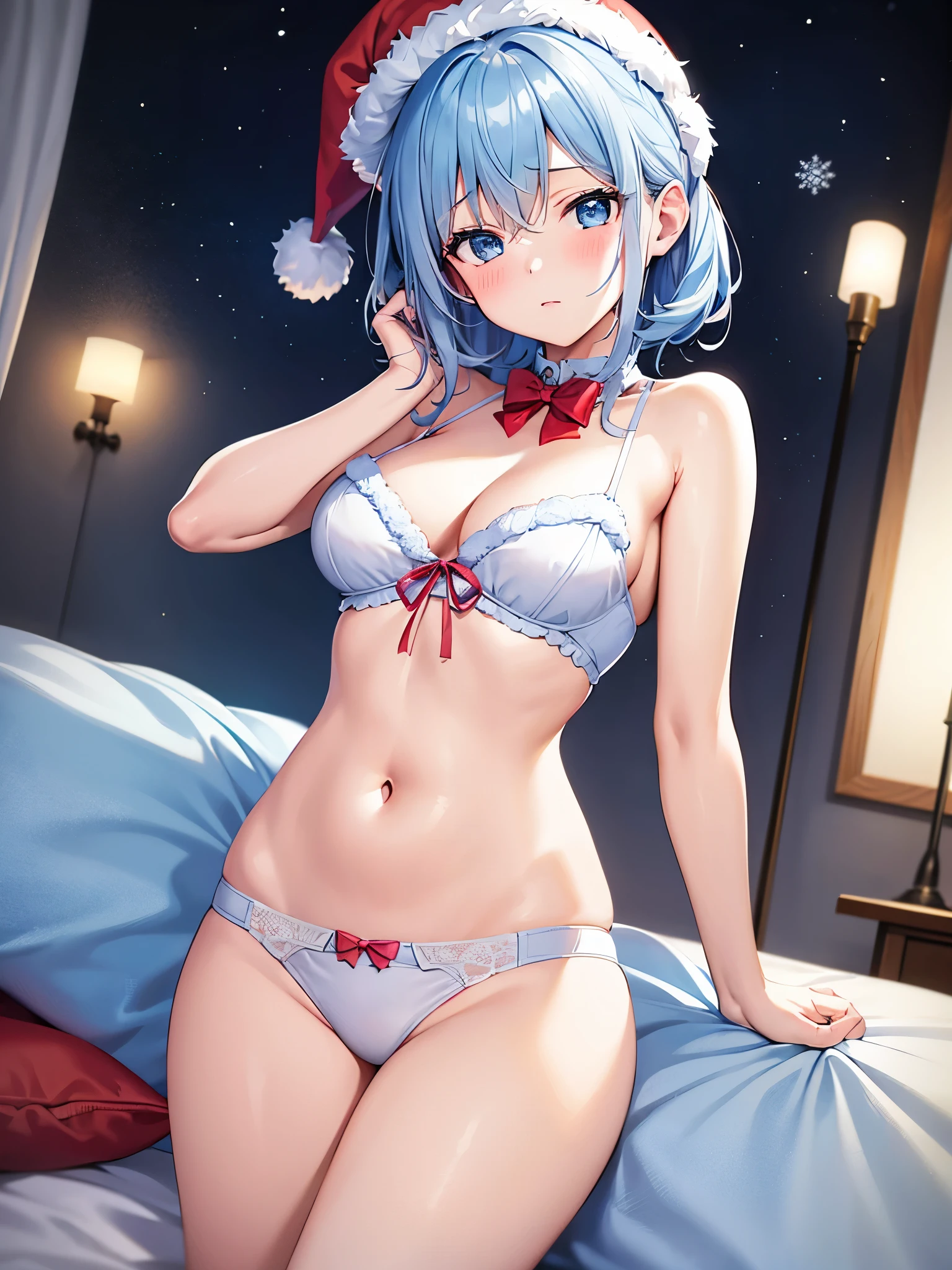 1girl in,Light Blue Medium Hair,Tying hair,Light blue eyes,Cute,blush,medium breasts⁩, christmas, christmas underwear, bedroom, hentai, night, christmas cosplay