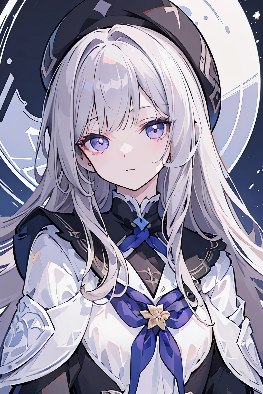 (best quality:1.3), (masterpiece:1.3), (illustration:1.3), (ultra-detailed:1.3), 1girl, solo, very young, flat chest, purple eyes, white hair, long hair, white dress, black coat, upper body, black headwear, beret