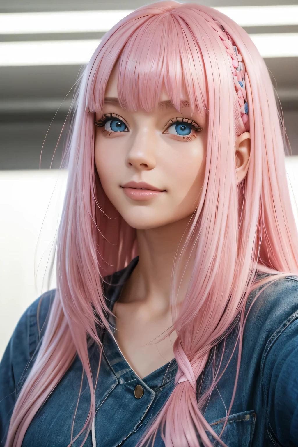 "uma jovem de 19 anos, with long cabelo rosa with bangs, perto dos olhos dela, cor rosa, olhos azuis, thick lips, Cor natural, com um brilho labial brilhante, she's facing the camera with her hair with bangs pink, the fringe is also pink, he is tied with a pink ribbon, cabelo rosa, beautiful olhos azuis, Um leve sorriso no rosto, she's facing the camera