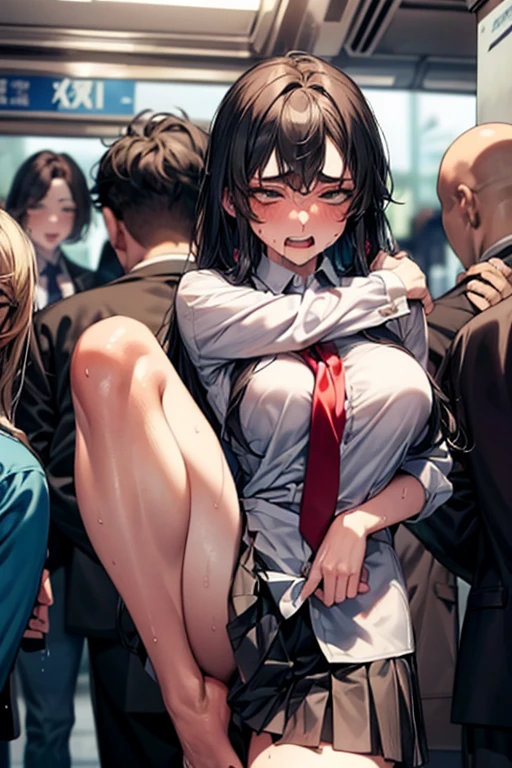 crowded train, girl as yukino yukinoshita, fat bald man hugging her from the front talking with mouth and lifting her legs, black sexy lingerie,, pubic hair visible, 40k, photo, masterpiece, best quality, dark grey background, (with one girl's immediately open legully open legs with big breasts, an elderly man leans on her from the front and picks her up and does different poses., Blushing, troubled eyebrows, rough breath, clenched teeth, burning face, heart pupils, sweaty, full body wet, black hair, long hair, knee bending, reluctance, watery eyes, big, soaked, small, slender, white shirt, tie, pants visible through short pleated skirt, slouch, slender, short pleated skirt, slouching, hands on chest, crotch open, lewd, kissing, hugging, tongue sucking, legs tangled around hips, cowboy shottouching breasts, hands on the crotch, breastapart, (ahegao, rolling eyes:1.5)