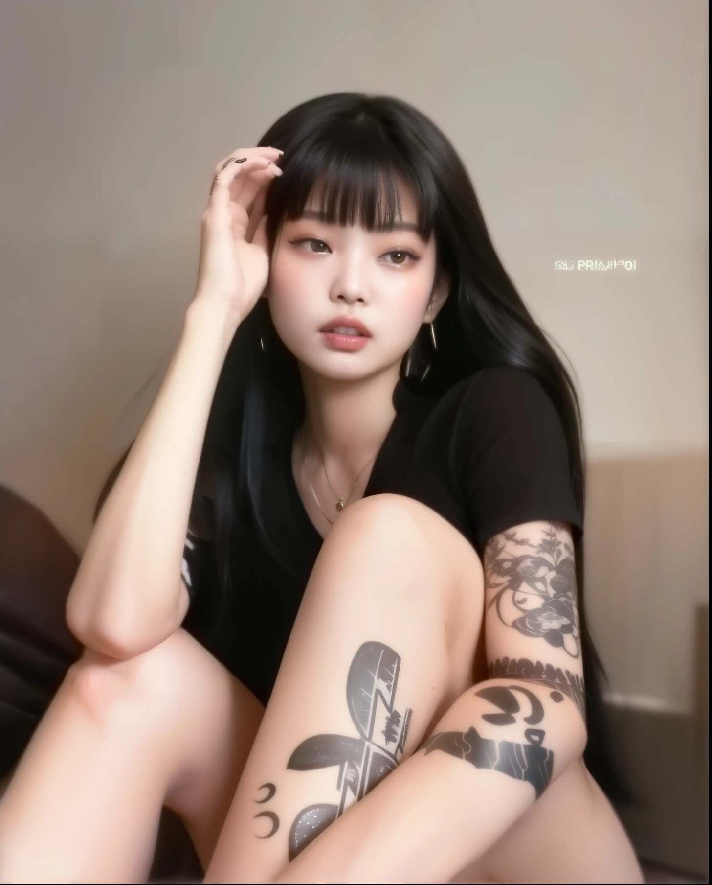 mulher arafada com tatuagens sentada em uma cama com uma tatuagem na perna, de menina taiwanesa com tatuagens, asian features, Ela tem cabelo preto com franja, Asian girl, cruel korean goth girl, Menina chinesa, beautiful Asian girl, cabelo preto longo com franja, menina coreana, japanese model, cabelo blackbangs cabelo, young Asian girl, 🤤 retrato da menina, franja preta